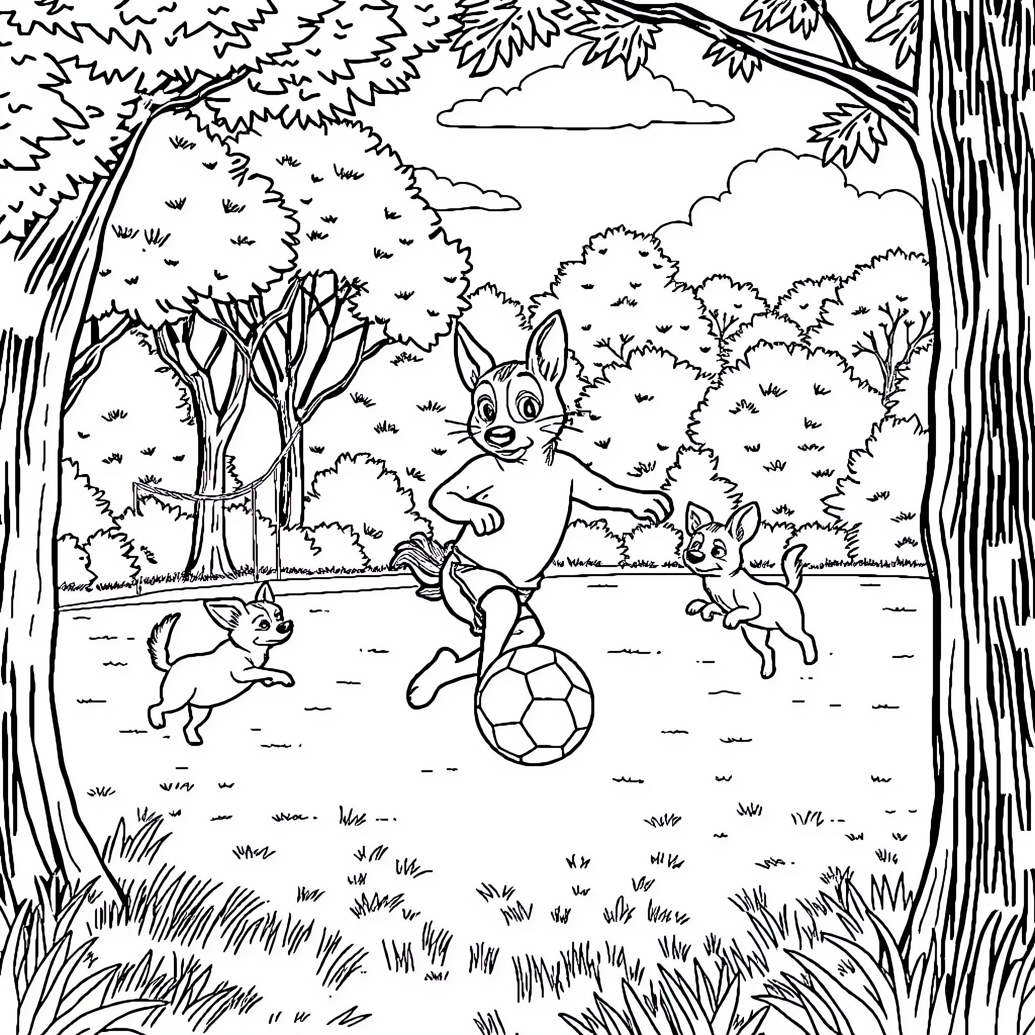 Paw Patrol Characters Playing Soccer in the Park Coloring Page (free black-and-white line drawing printable PDF for all, from beginners to advanced learners, including children, teens, adults, and seniors)
