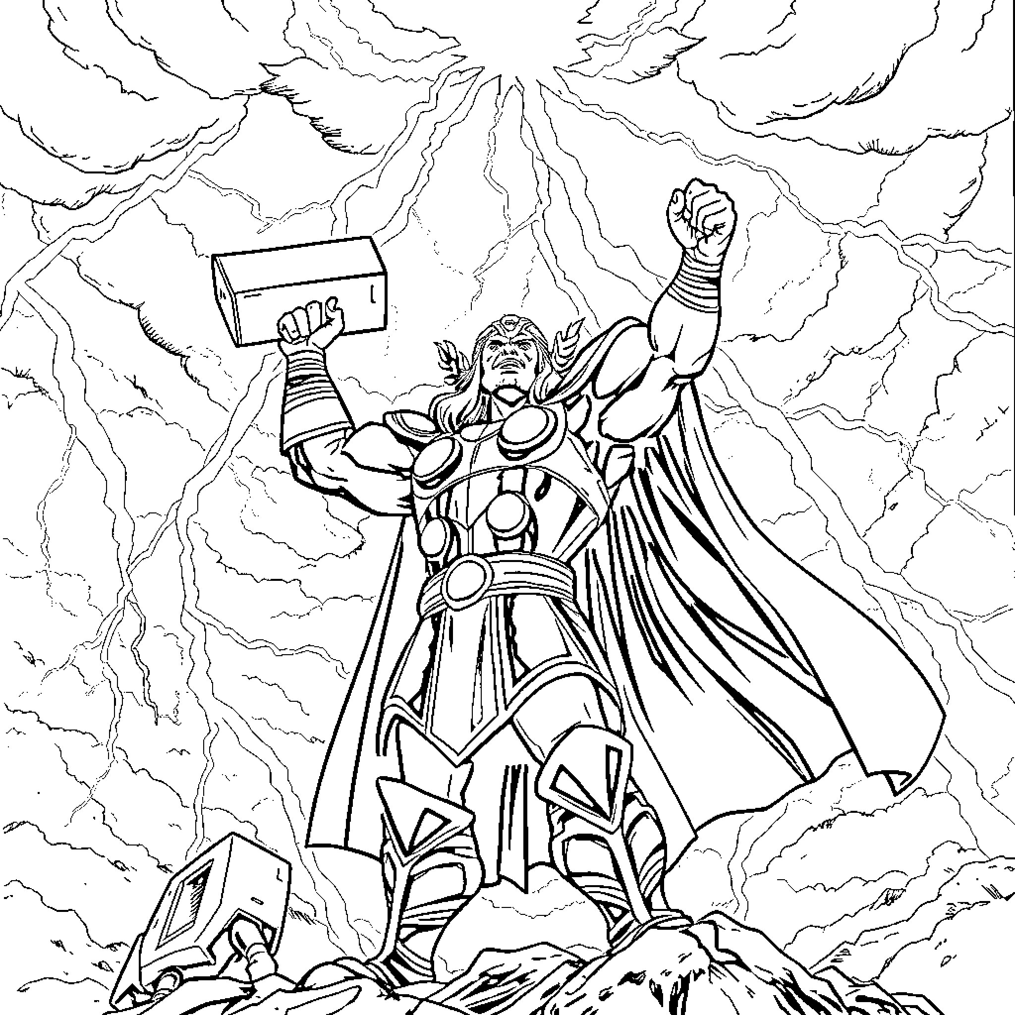 Thor wielding Mjolnir in epic battle stance Coloring Page (free black-and-white line drawing printable PDF for all, from beginners to advanced learners, including children, teens, adults, and seniors)