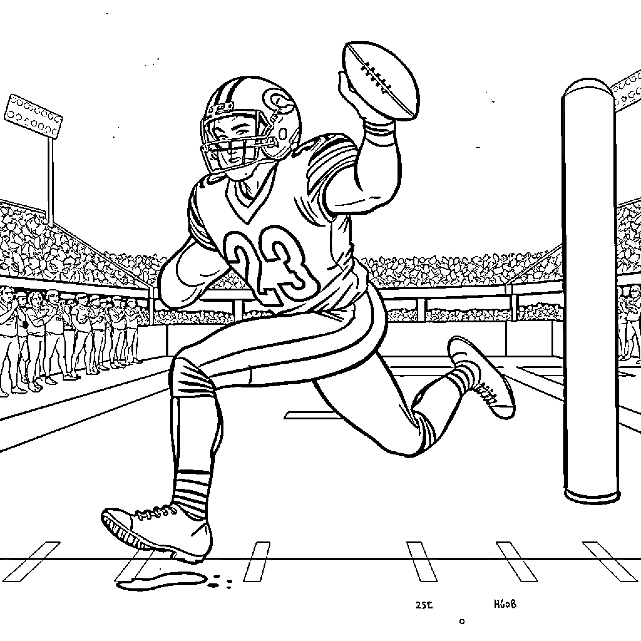 Bears Player Scoring Touchdown in Stadium Coloring Page (free black-and-white line drawing printable PDF for all, from beginners to advanced learners, including children, teens, adults, and seniors)