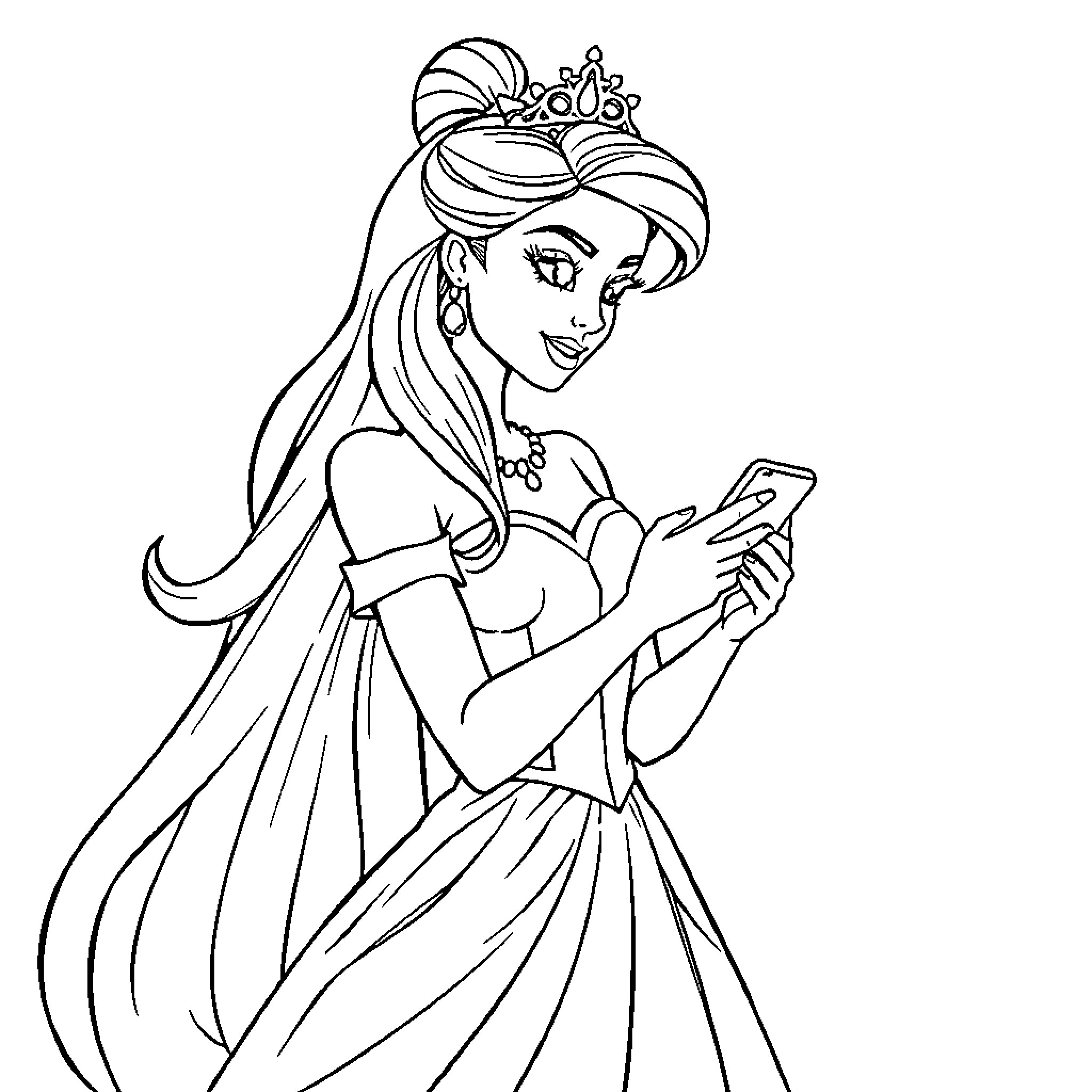 Princess admiring her reflection in the mirror Coloring Page (free black-and-white line drawing printable PDF for all, from beginners to advanced learners, including children, teens, adults, and seniors)