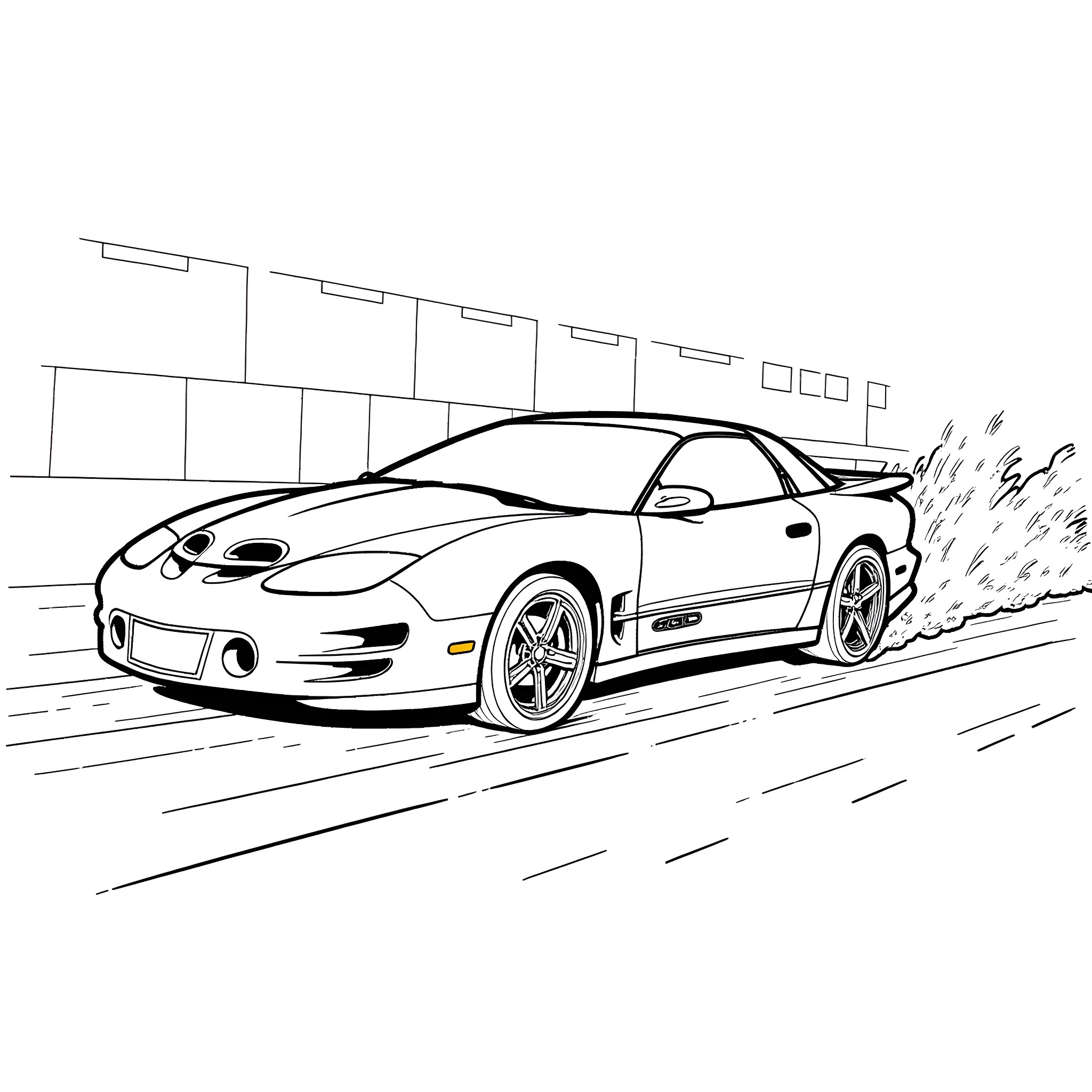 Pontiac sports car speeding on the road Coloring Page (free black-and-white line drawing printable PDF for all, from beginners to advanced learners, including children, teens, adults, and seniors)