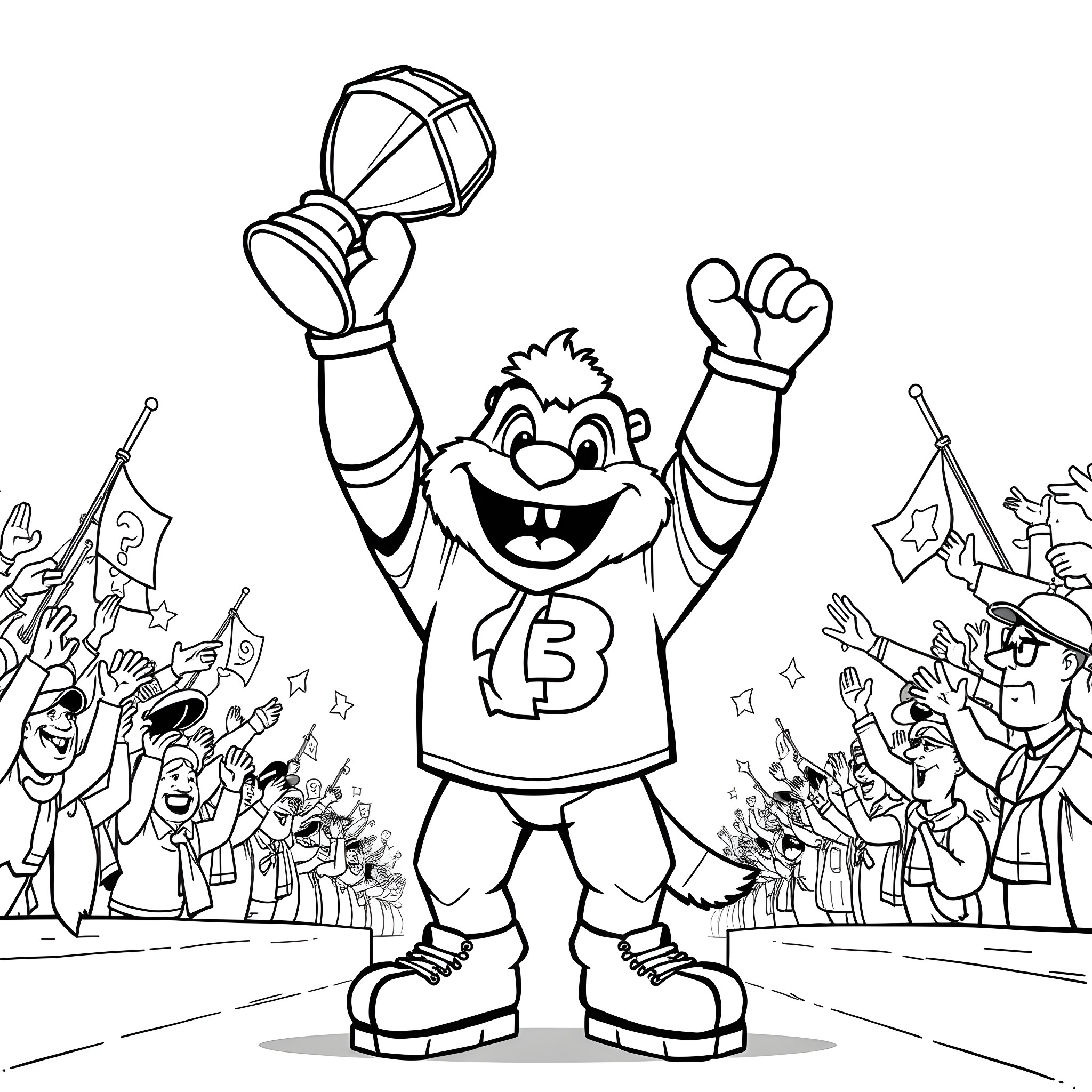 Gritty Celebrates Championship Win with Fans Coloring Page (free black-and-white line drawing printable PDF for all, from beginners to advanced learners, including children, teens, adults, and seniors)