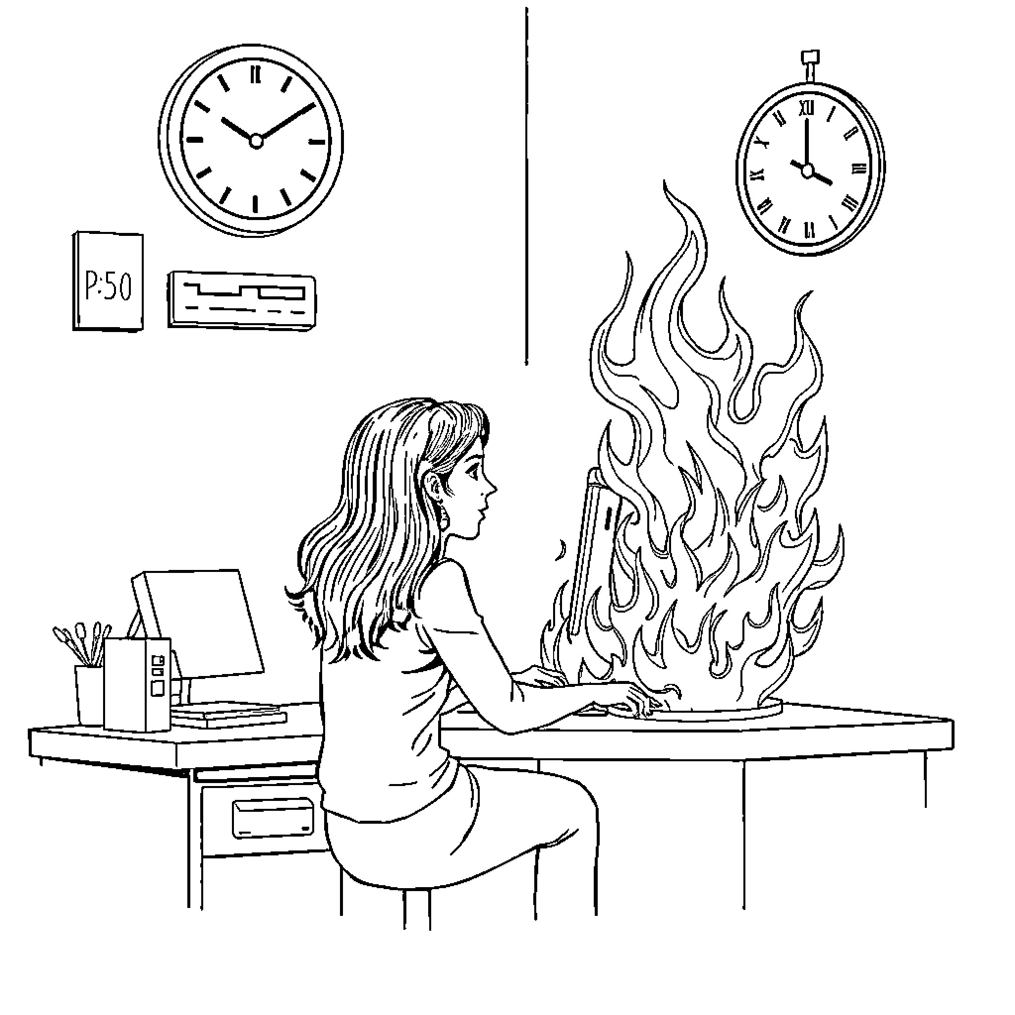 Lady working late into the night with a burning passion Coloring Page (free black-and-white line drawing printable PDF for all, from beginners to advanced learners, including children, teens, adults, and seniors)