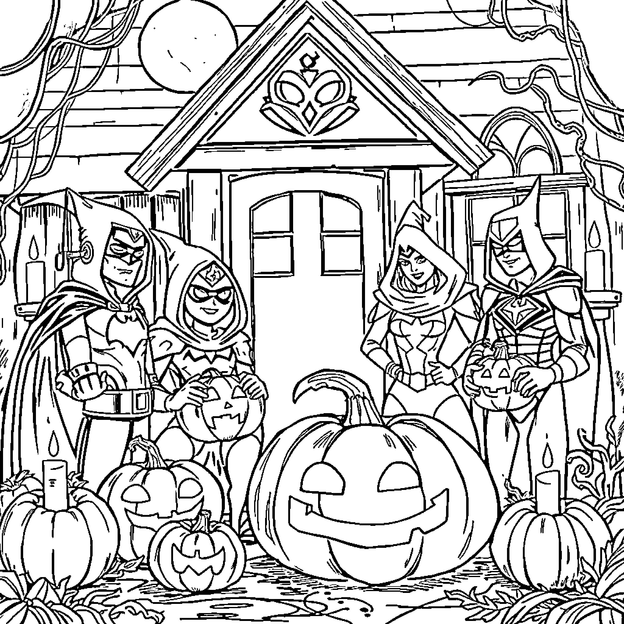 Justice League Superheroes Gather for Halloween Festivities Coloring Page (free black-and-white line drawing printable PDF for all, from beginners to advanced learners, including children, teens, adults, and seniors)
