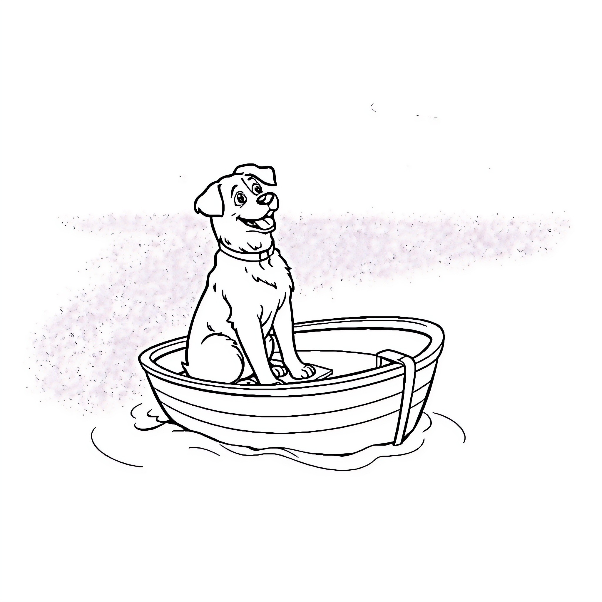 Dog happily playing in a bath tub Coloring Page (free black-and-white line drawing printable PDF for all, from beginners to advanced learners, including children, teens, adults, and seniors)