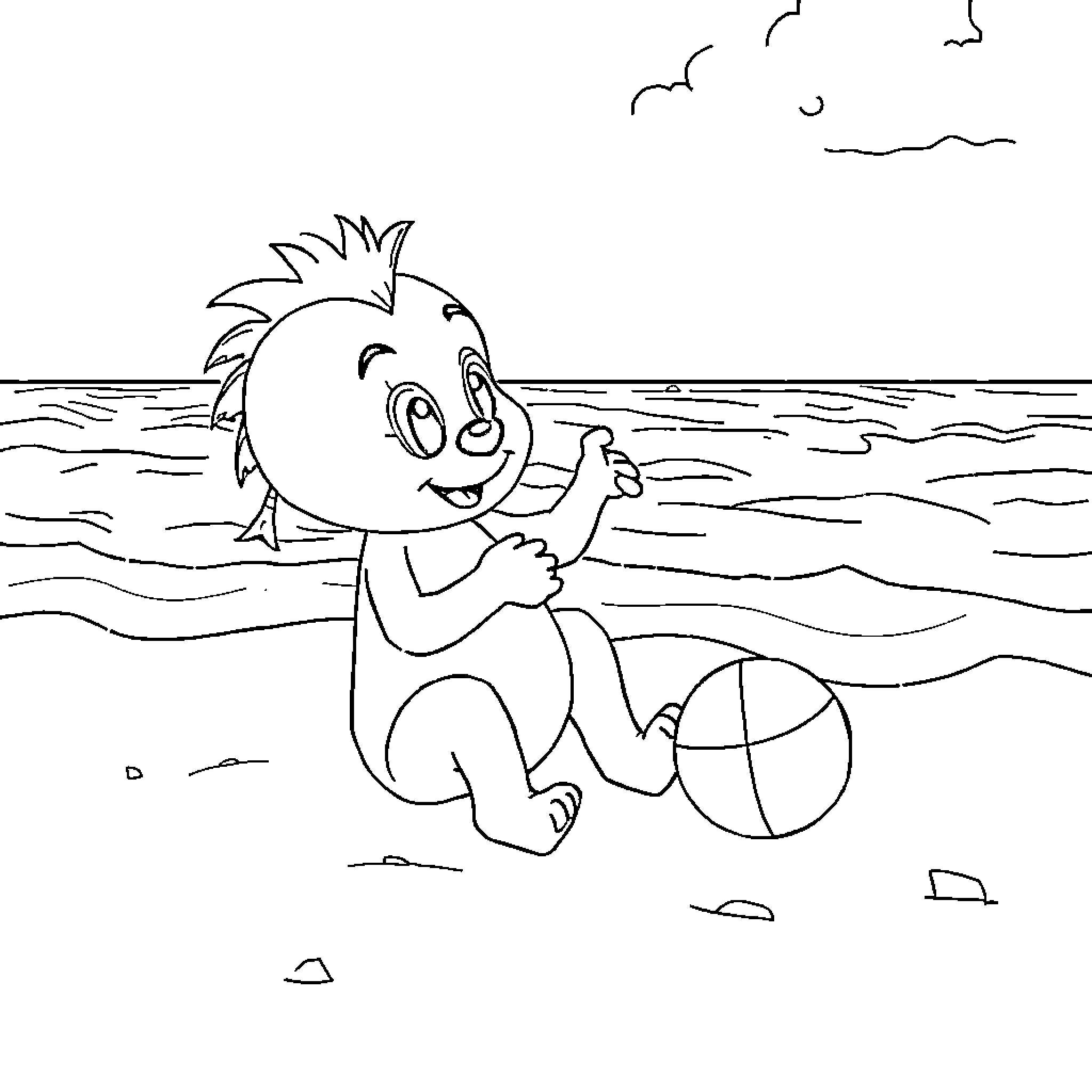 Bartolito playing happily with beach ball in the ocean Coloring Page (free black-and-white line drawing printable PDF for all, from beginners to advanced learners, including children, teens, adults, and seniors)