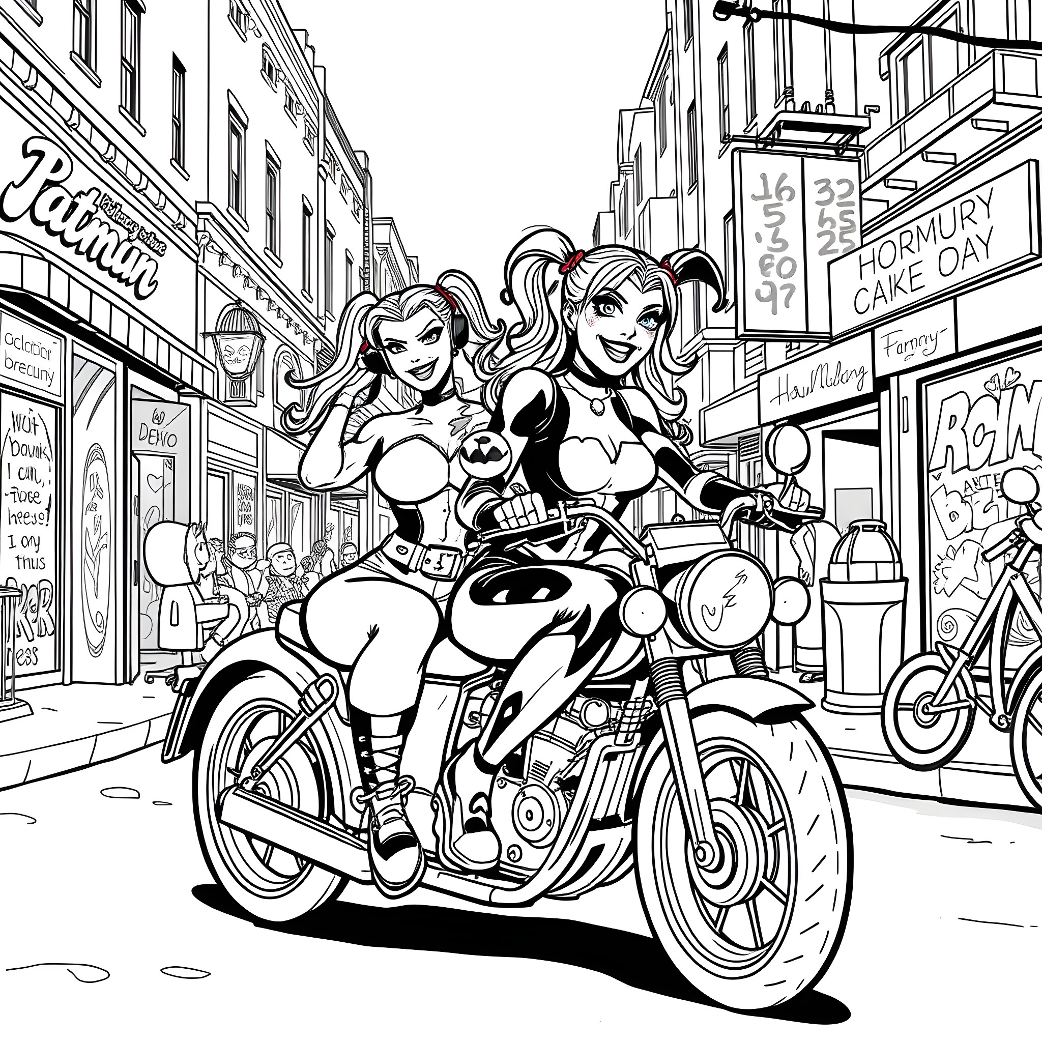 Poison Ivy riding a motorcycle through the city streets Coloring Page (free black-and-white line drawing printable PDF for all, from beginners to advanced learners, including children, teens, adults, and seniors)