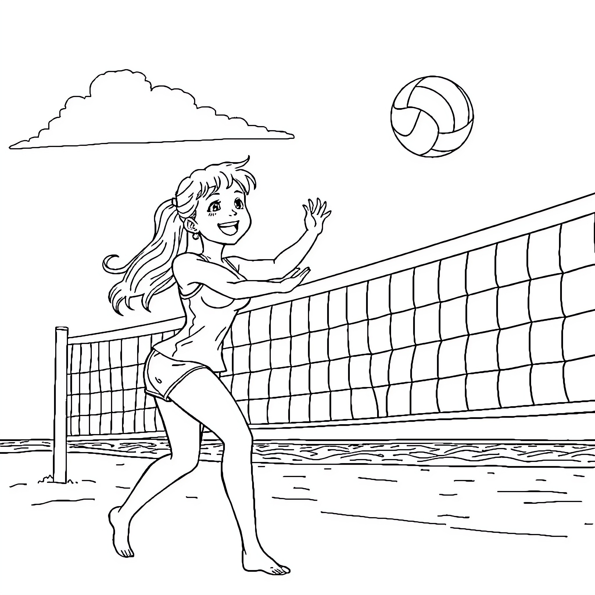 Jeanne playing beach volleyball joyfully Coloring Page (free black-and-white line drawing printable PDF for all, from beginners to advanced learners, including children, teens, adults, and seniors)