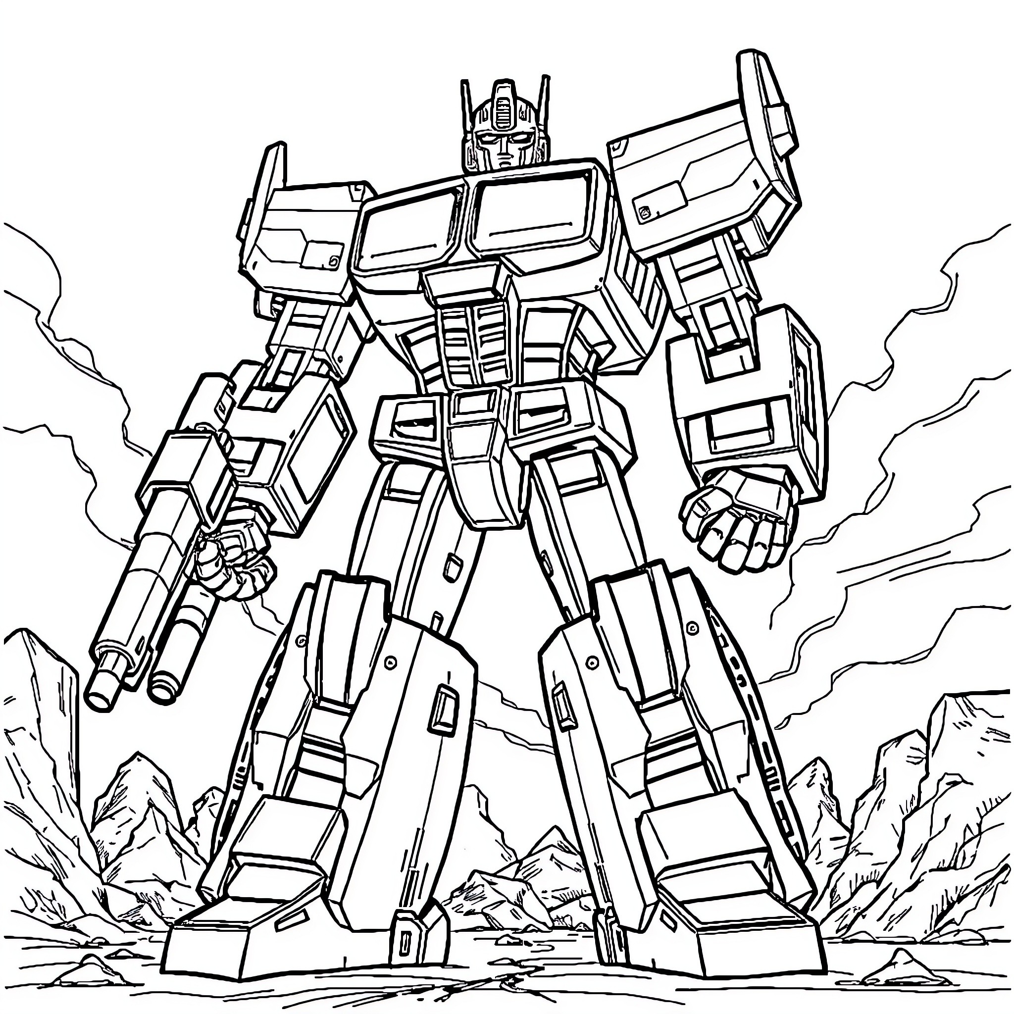 Transformer robot standing tall in a rugged landscape Coloring Page (free black-and-white line drawing printable PDF for all, from beginners to advanced learners, including children, teens, adults, and seniors)