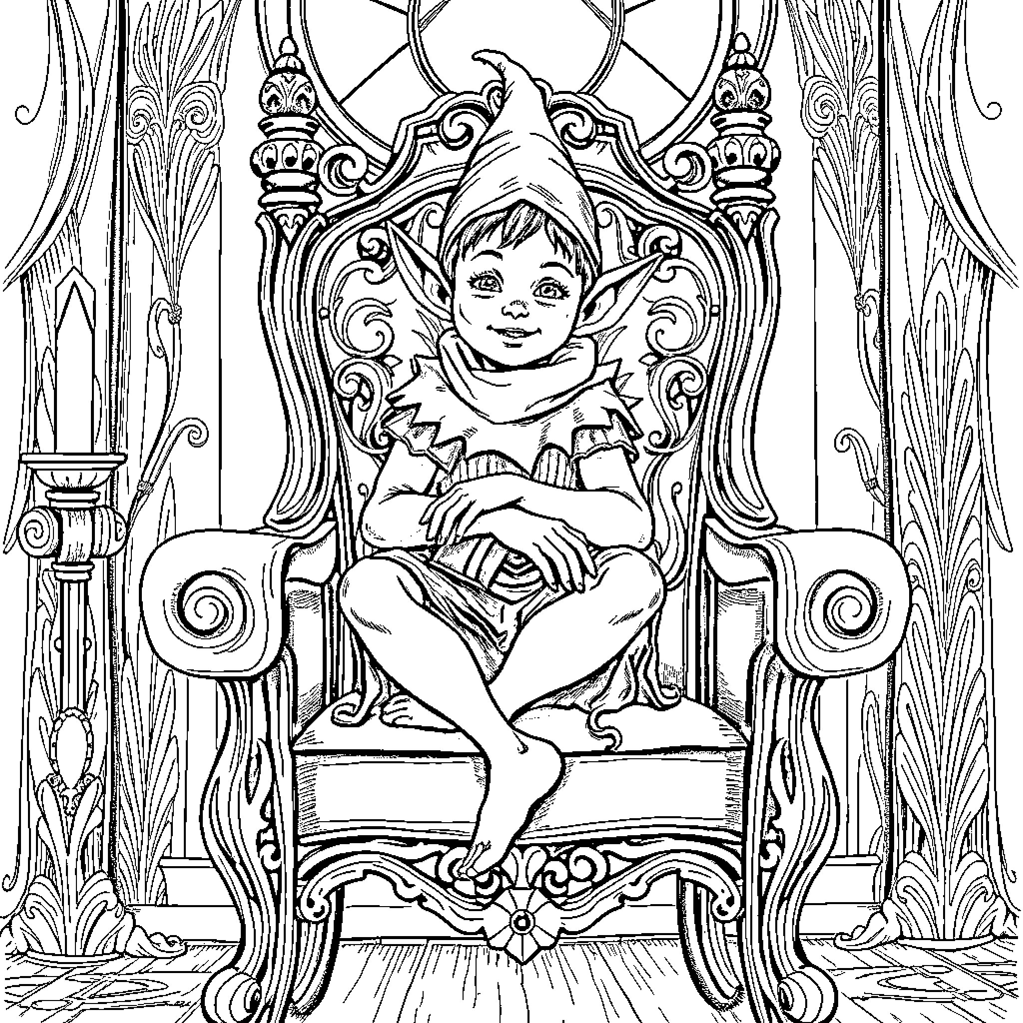 Elf sitting on an ornate throne Coloring Page (free black-and-white line drawing printable PDF for all, from beginners to advanced learners, including children, teens, adults, and seniors)