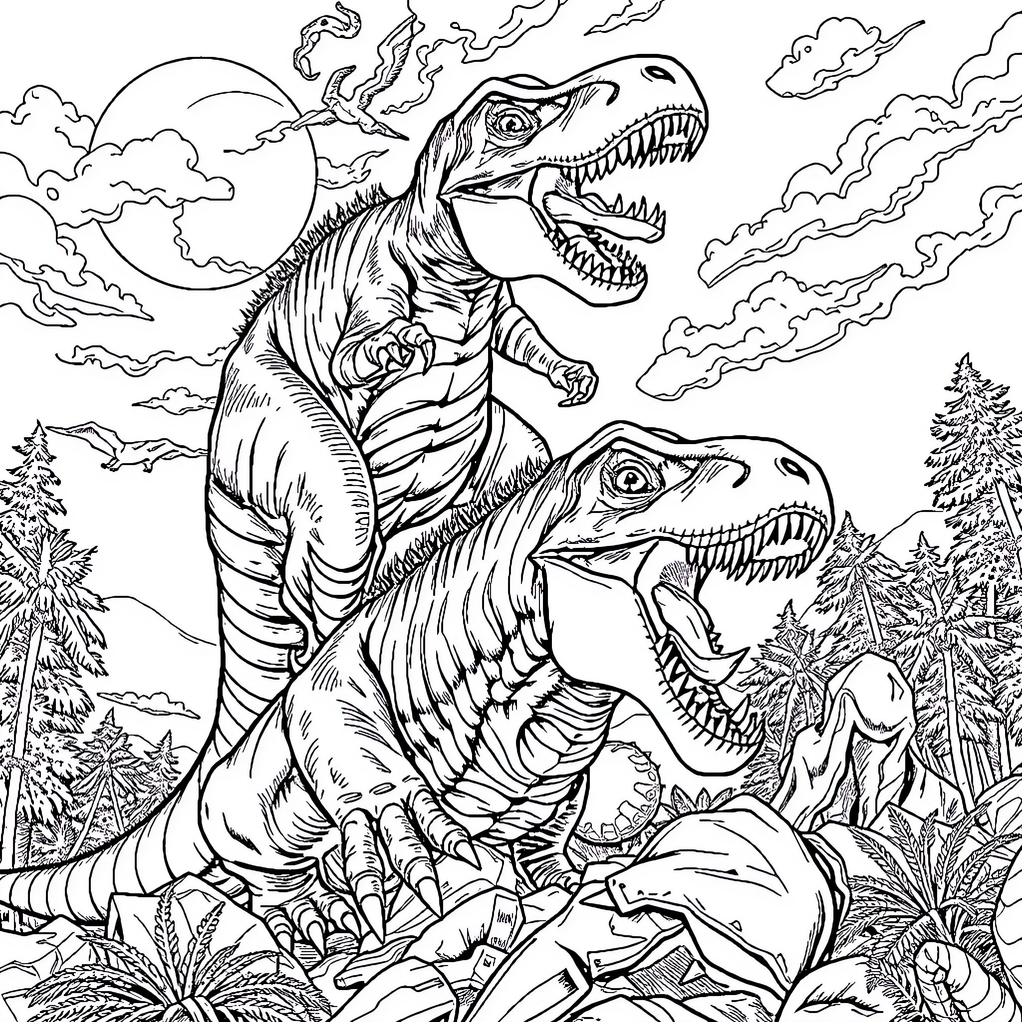 Rex and the Prehistoric Predators Coloring Page (free black-and-white line drawing printable PDF for all, from beginners to advanced learners, including children, teens, adults, and seniors)