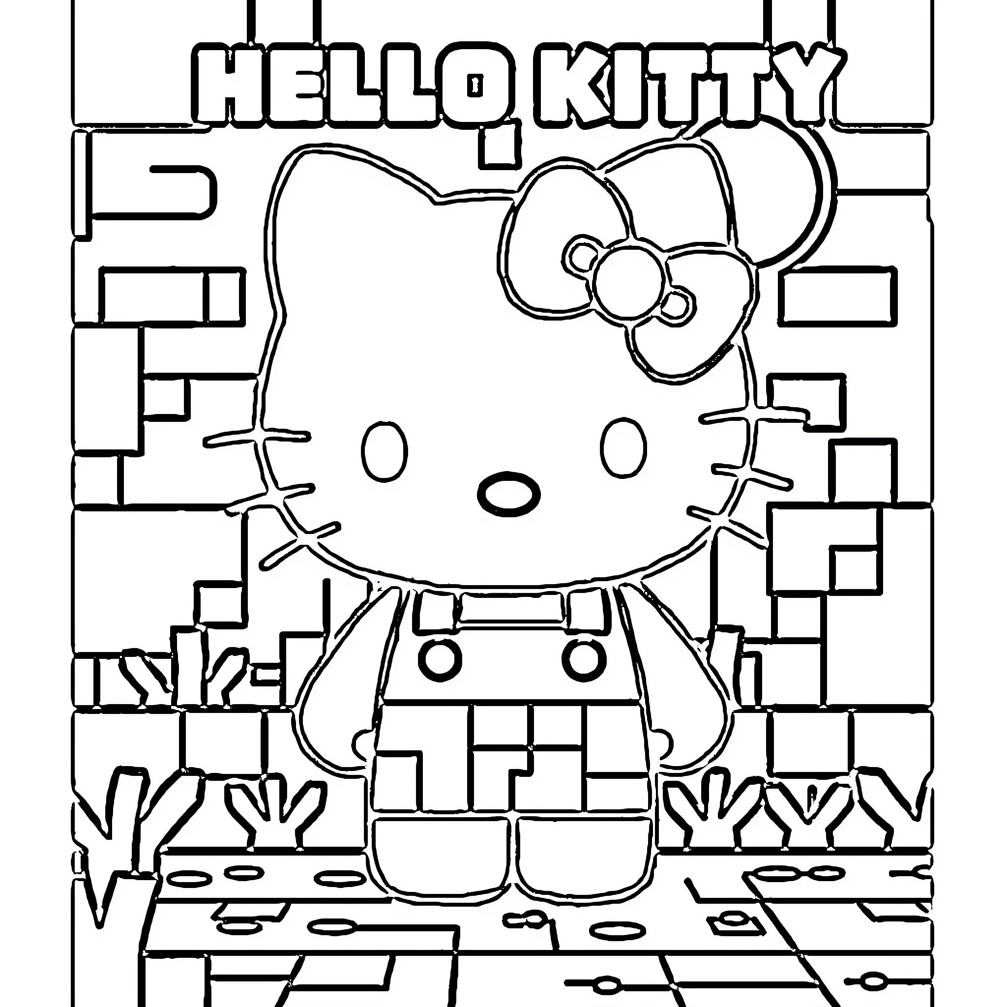Hello Kitty in a geometric pattern design Coloring Page (free black-and-white line drawing printable PDF for all, from beginners to advanced learners, including children, teens, adults, and seniors)