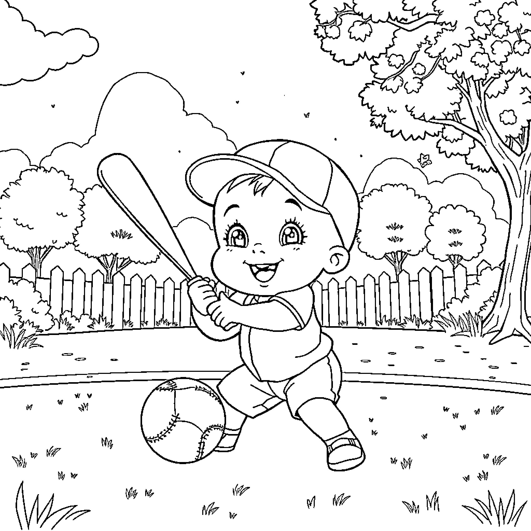 Baby Saja playing baseball happily in the park Coloring Page (free black-and-white line drawing printable PDF for all, from beginners to advanced learners, including children, teens, adults, and seniors)