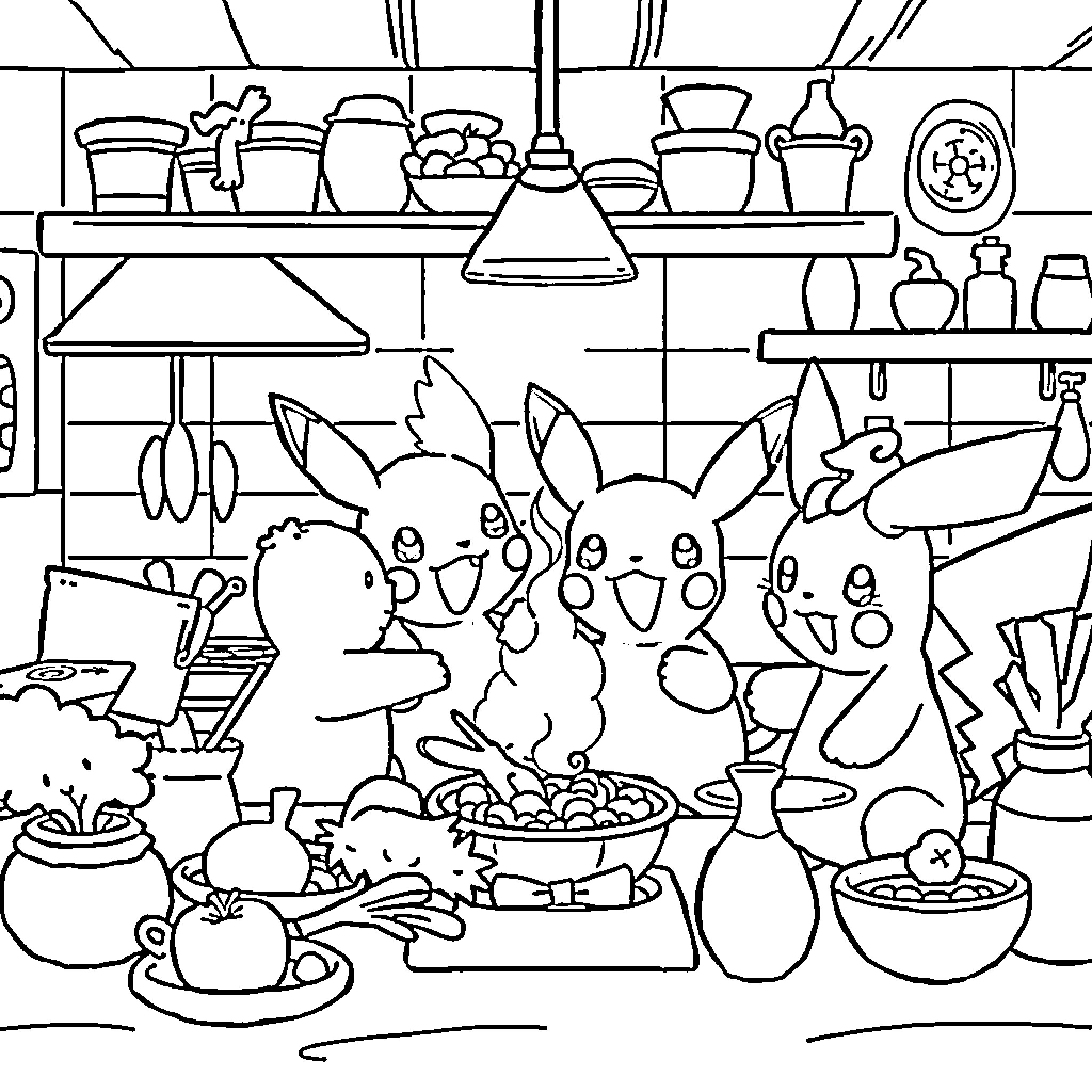Pokémon Enjoying Culinary Delights in the Kitchen Coloring Page (free black-and-white line drawing printable PDF for all, from beginners to advanced learners, including children, teens, adults, and seniors)