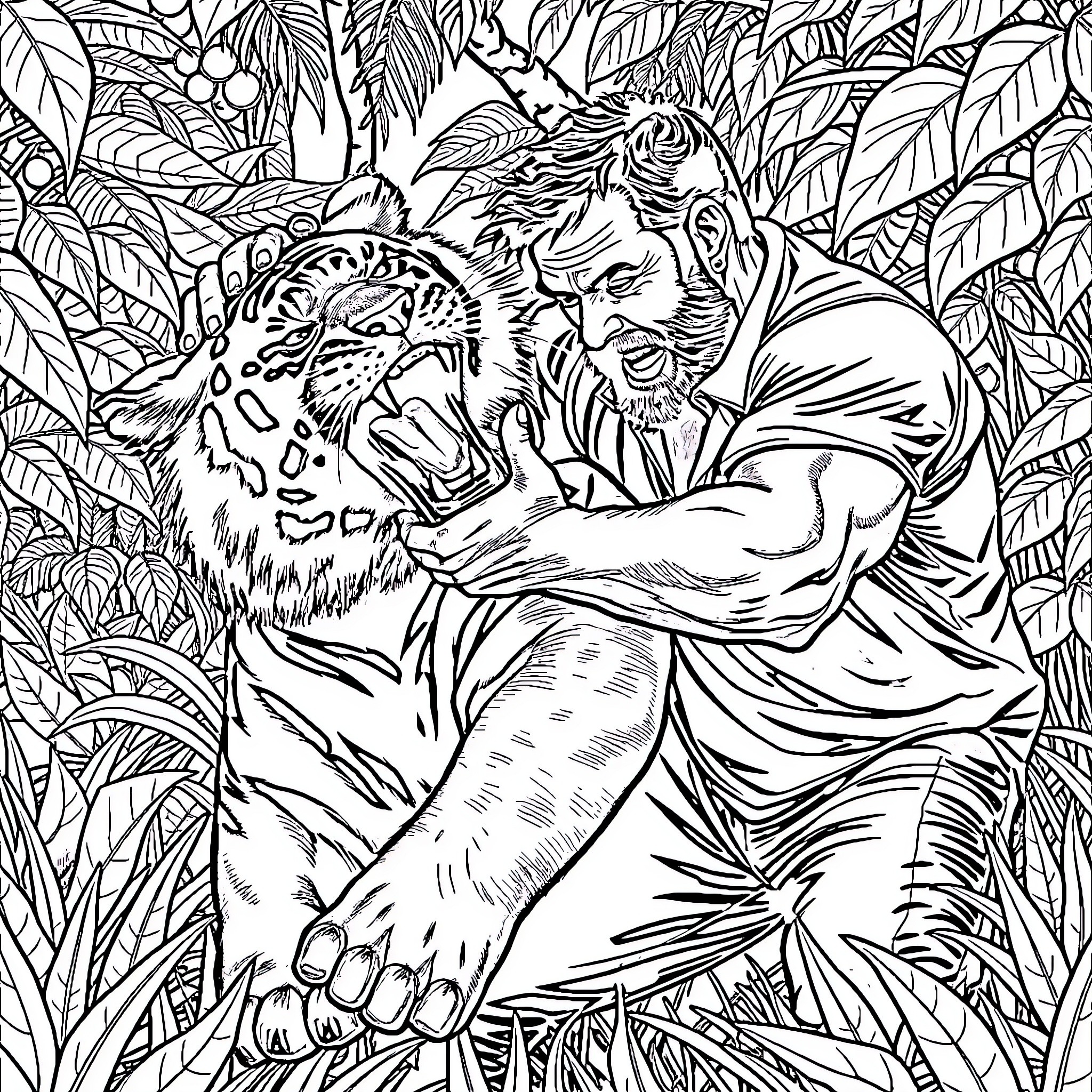 Jeff Probst Wrestling a Ferocious Tiger in the Jungle Coloring Page (free black-and-white line drawing printable PDF for all, from beginners to advanced learners, including children, teens, adults, and seniors)