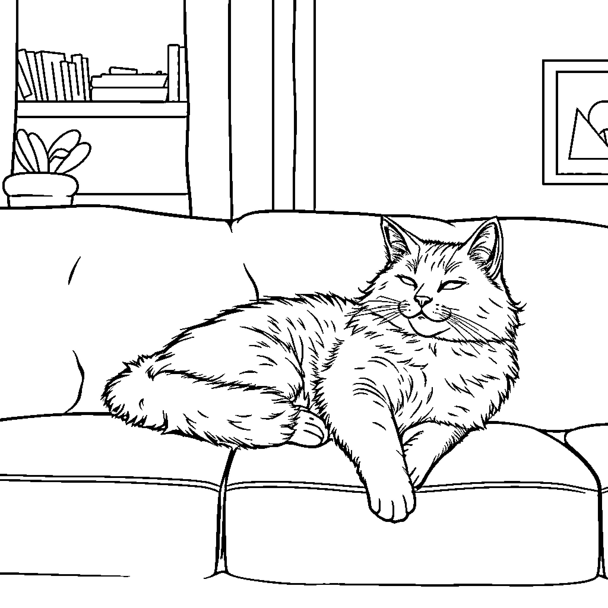 Cat resting comfortably on the couch Coloring Page (free black-and-white line drawing printable PDF for all, from beginners to advanced learners, including children, teens, adults, and seniors)