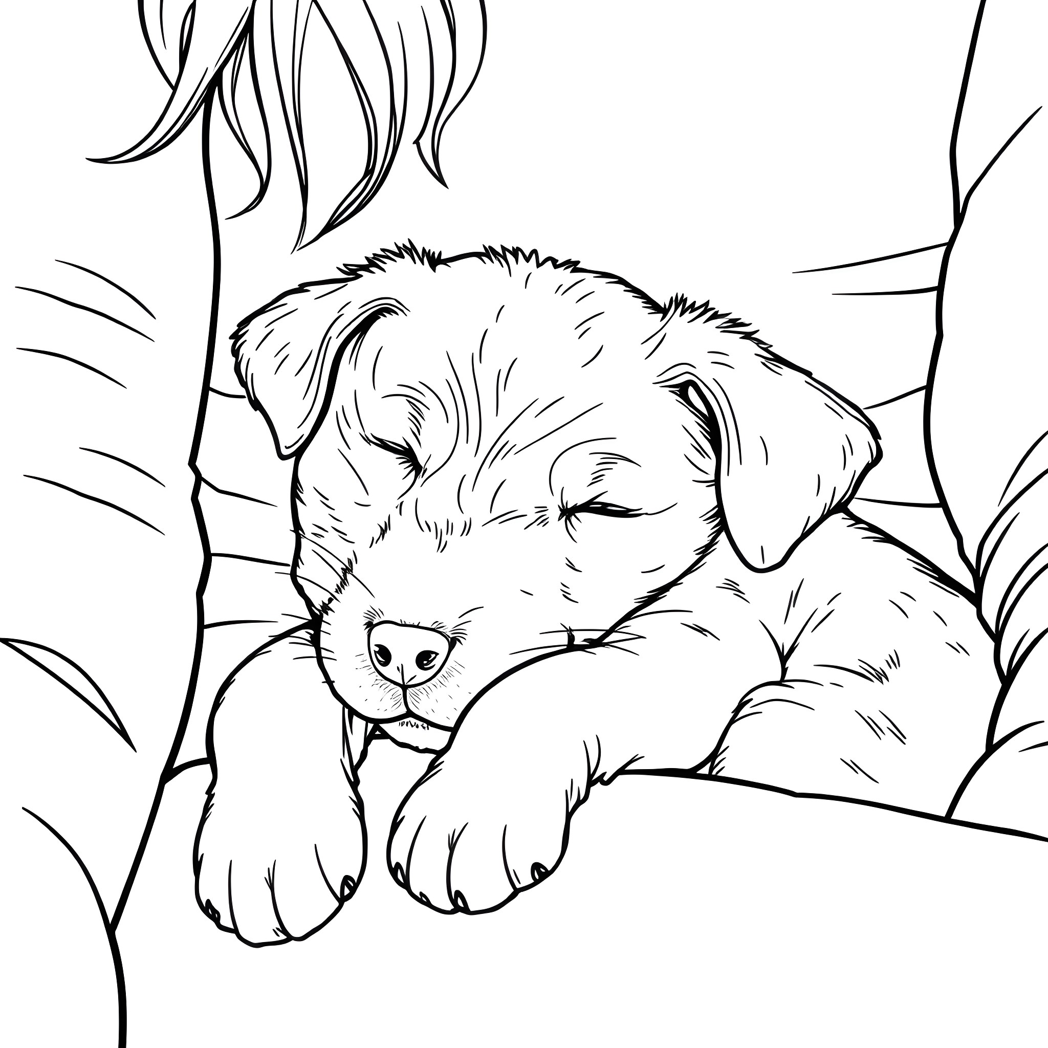 Puppy resting peacefully in the wilderness Coloring Page (free black-and-white line drawing printable PDF for all, from beginners to advanced learners, including children, teens, adults, and seniors)