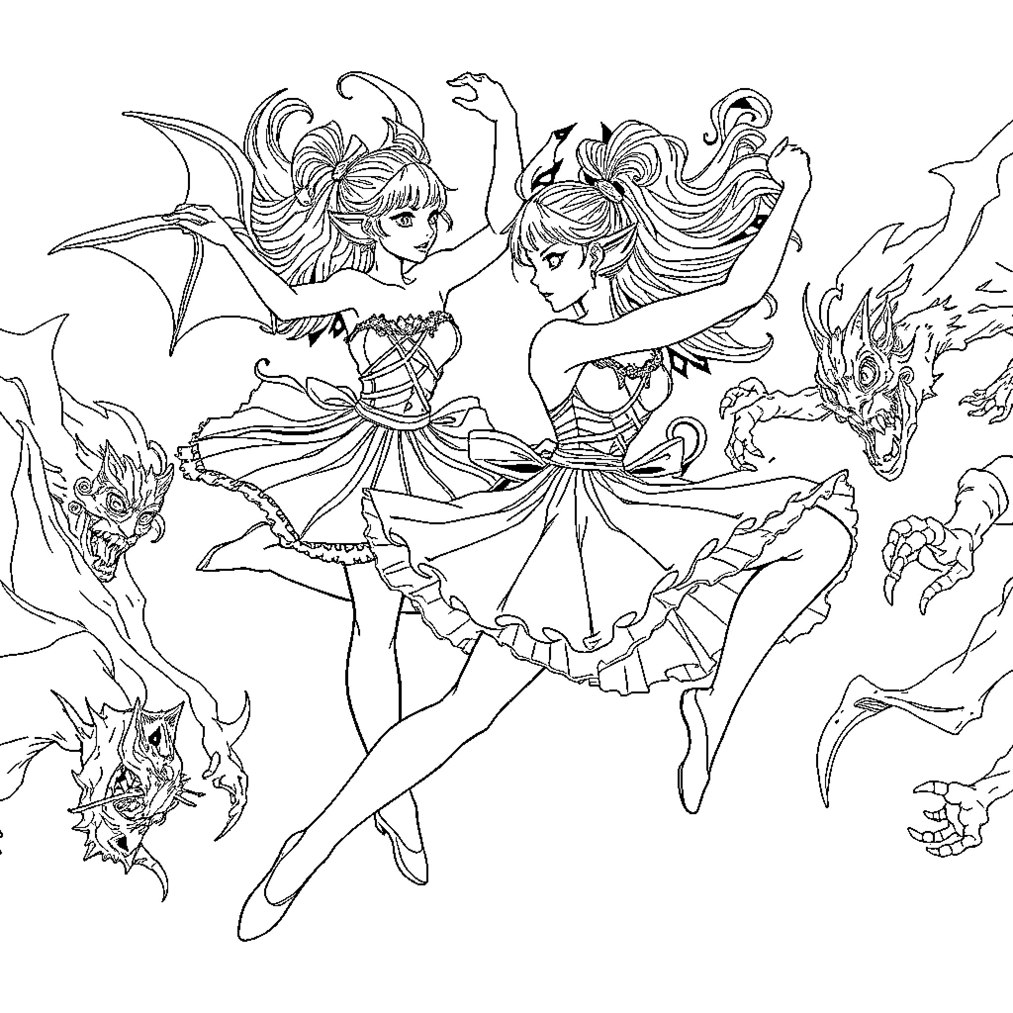 Ballerinas Dancing Gracefully Amidst Fiery Dragons Coloring Page (free black-and-white line drawing printable PDF for all, from beginners to advanced learners, including children, teens, adults, and seniors)