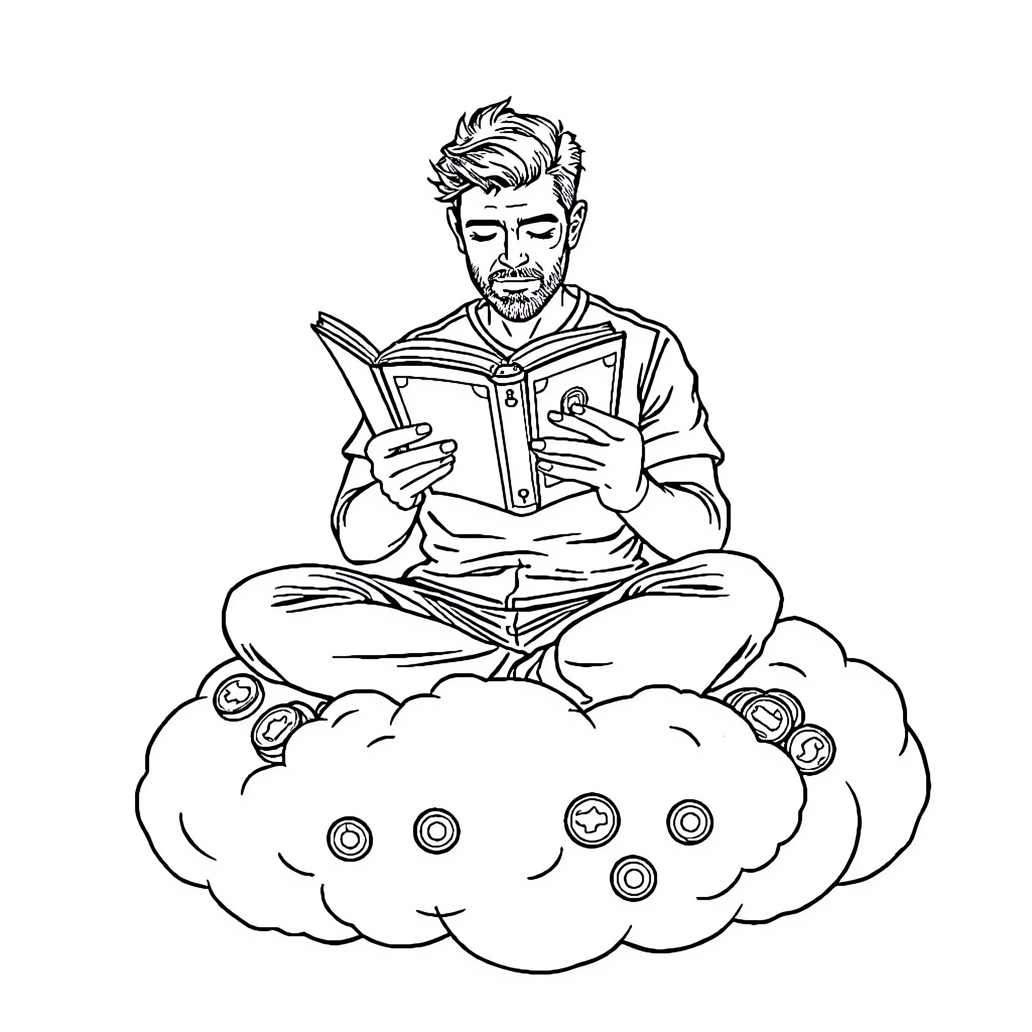 Man reading book while sitting on cloud Coloring Page (free black-and-white line drawing printable PDF for all, from beginners to advanced learners, including children, teens, adults, and seniors)