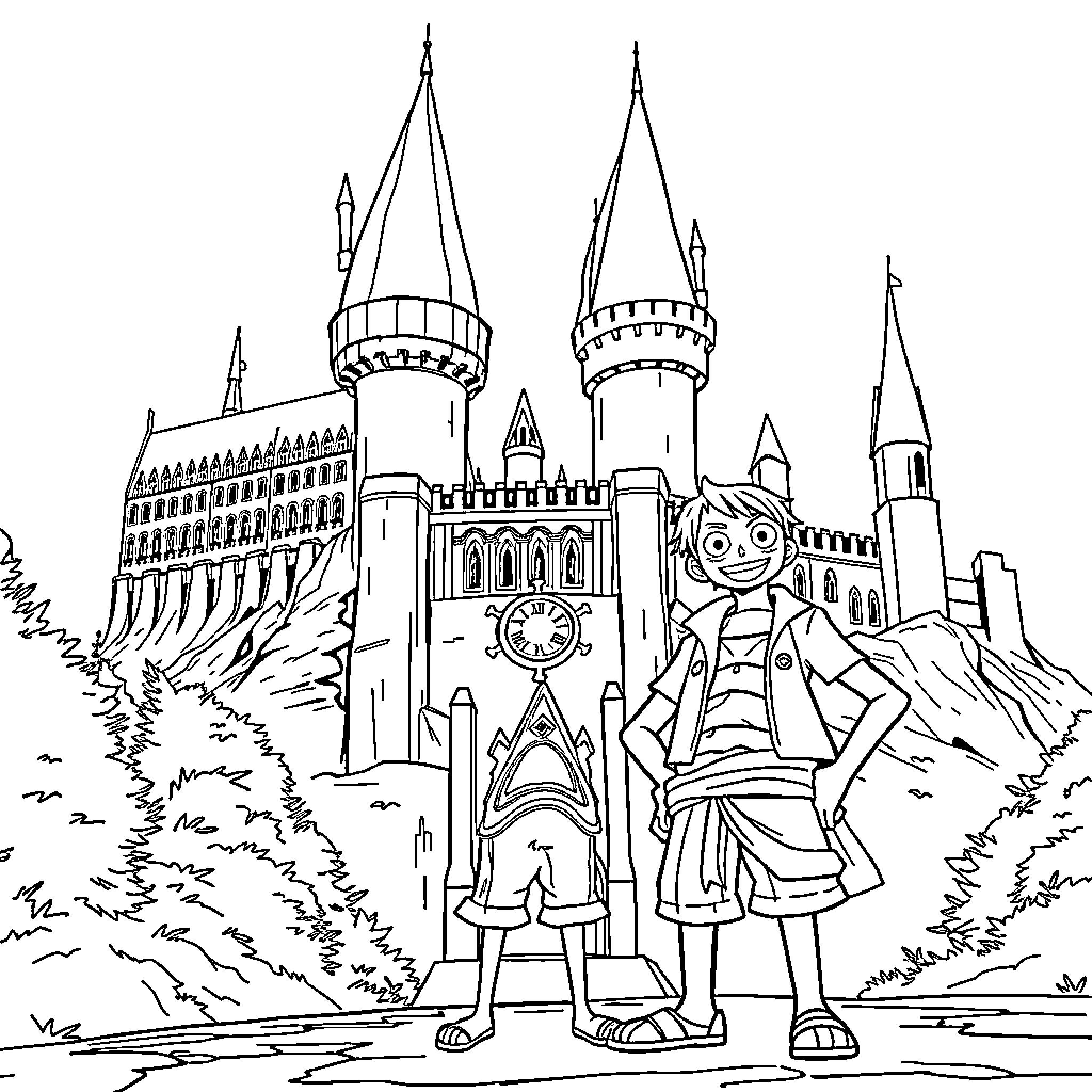Monkey D Luffy exploring the fantastical castle Coloring Page (free black-and-white line drawing printable PDF for all, from beginners to advanced learners, including children, teens, adults, and seniors)
