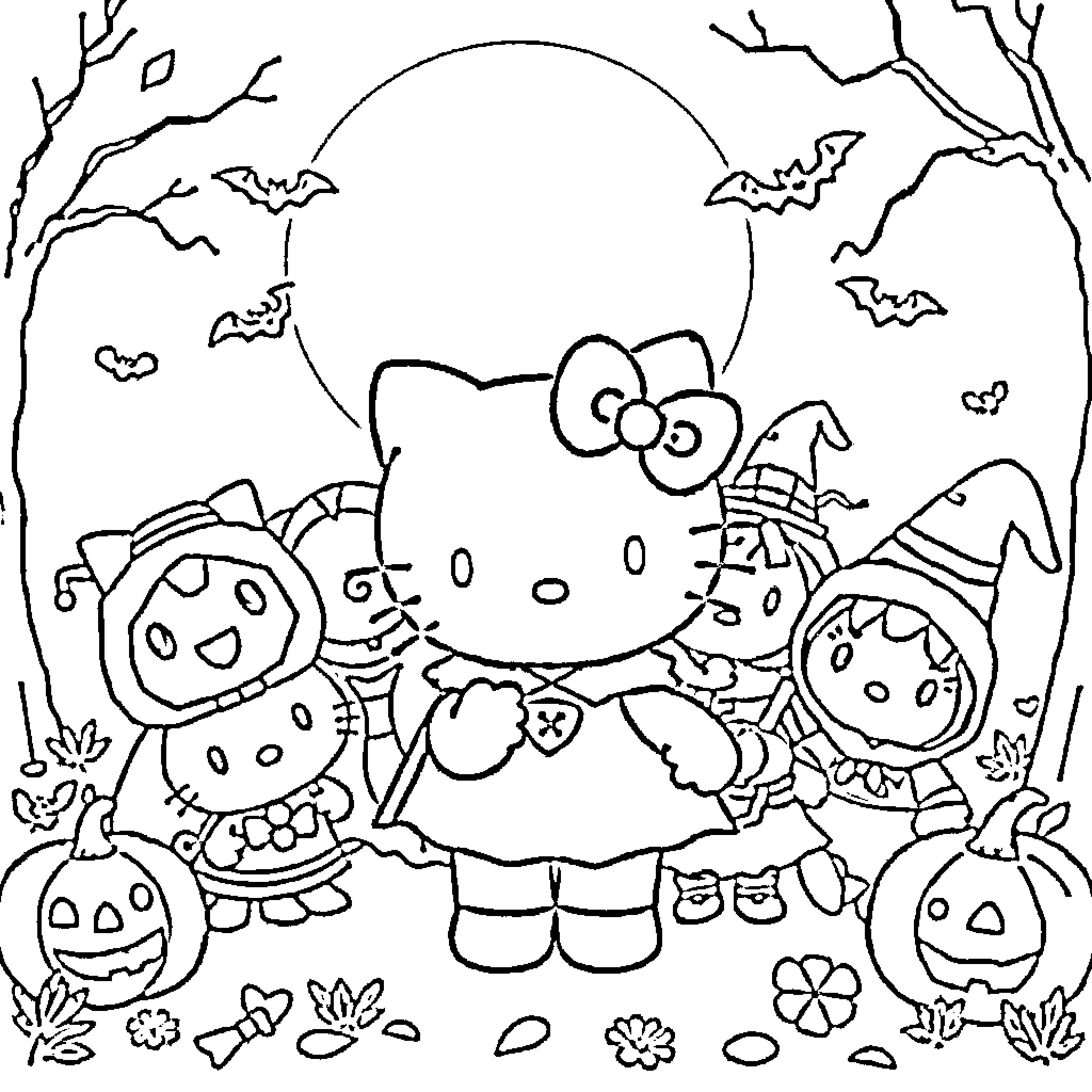 Hello Kitty's Halloween Costume Party Coloring Page (free black-and-white line drawing printable PDF for all, from beginners to advanced learners, including children, teens, adults, and seniors)