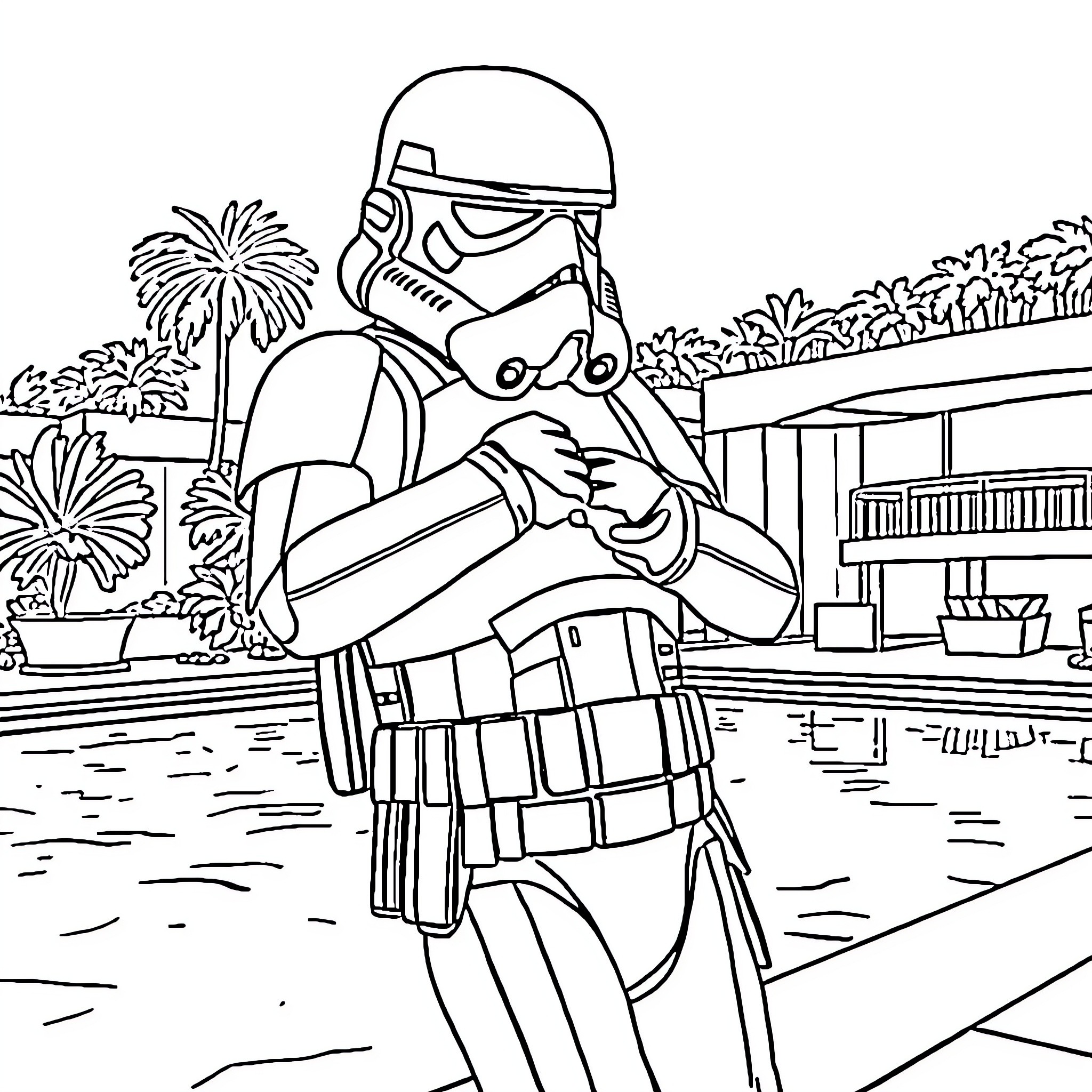 Storm Trooper on duty in tropical environment Coloring Page (free black-and-white line drawing printable PDF for all, from beginners to advanced learners, including children, teens, adults, and seniors)
