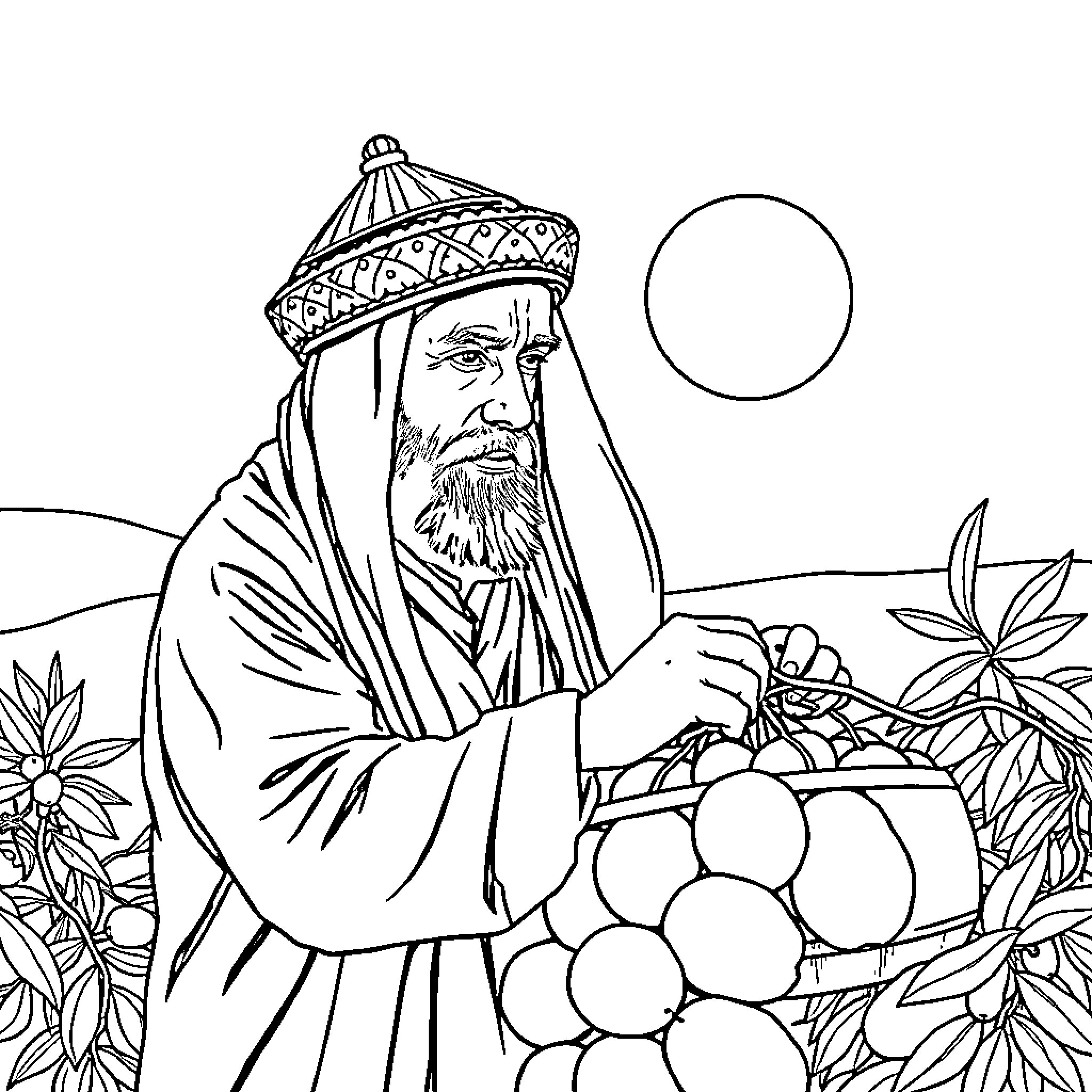 Man gathering seasonal fruits in the countryside Coloring Page (free black-and-white line drawing printable PDF for all, from beginners to advanced learners, including children, teens, adults, and seniors)