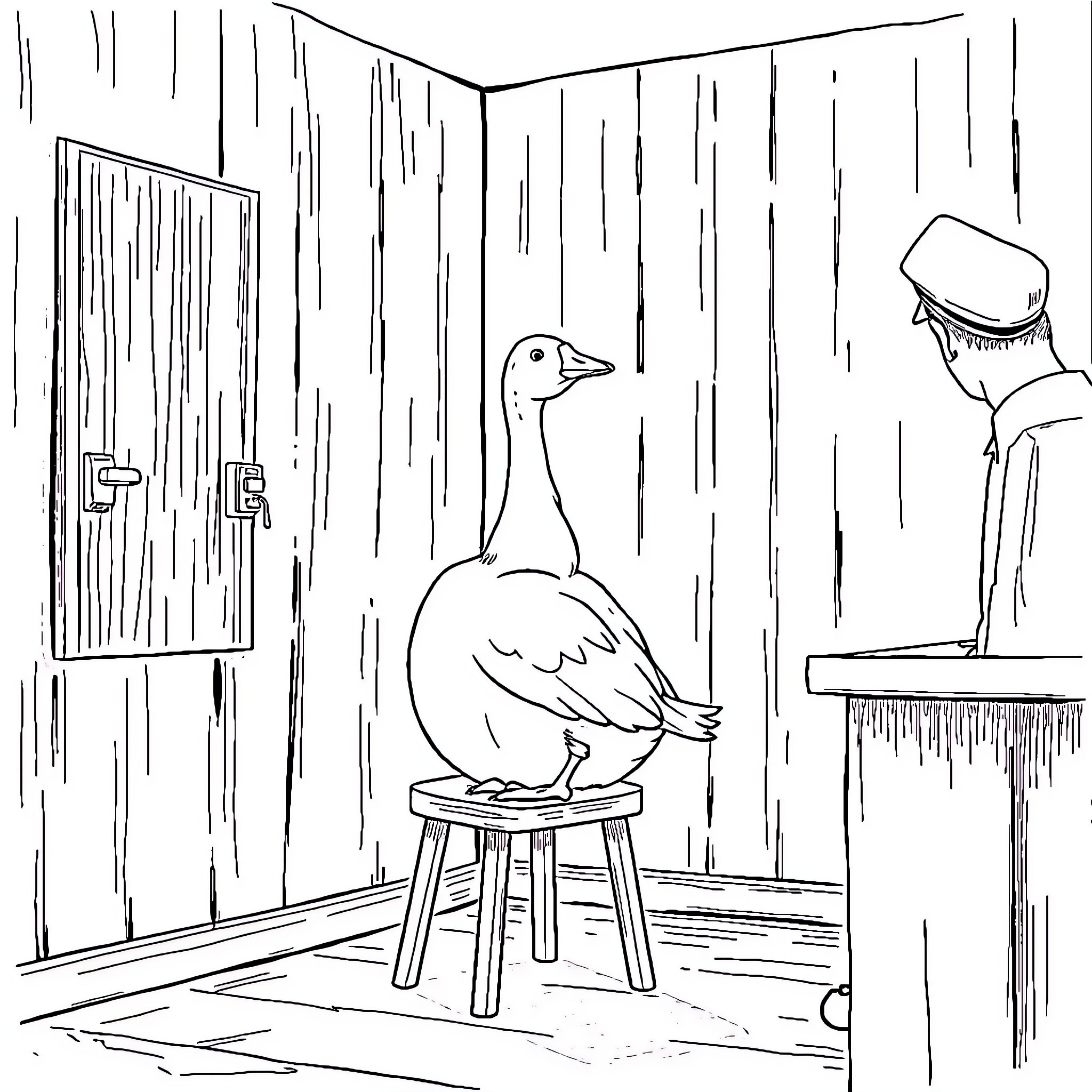 Goose sitting patiently in an old room Coloring Page (free black-and-white line drawing printable PDF for all, from beginners to advanced learners, including children, teens, adults, and seniors)