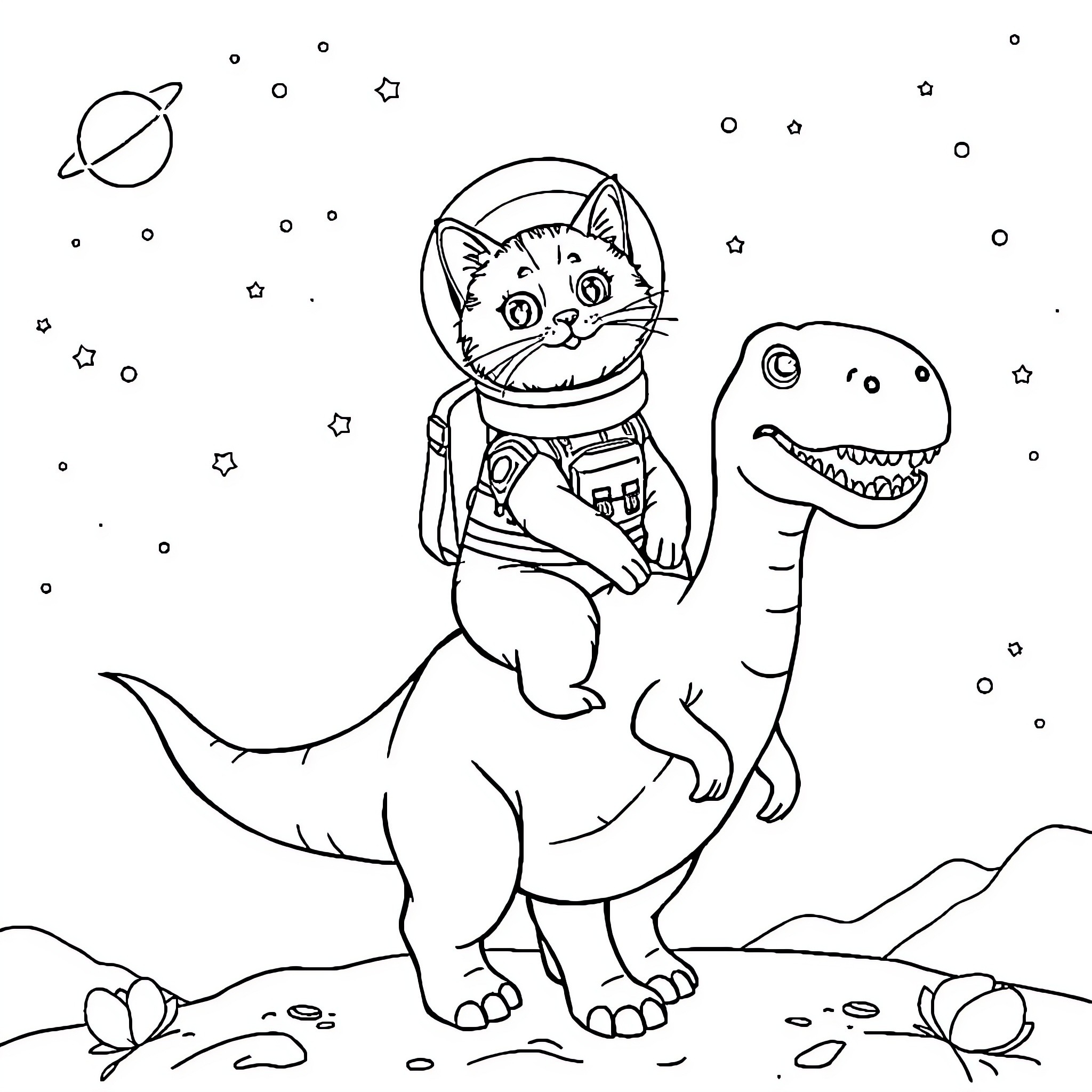 Cat astronaut riding a dinosaur in space Coloring Page (free black-and-white line drawing printable PDF for all, from beginners to advanced learners, including children, teens, adults, and seniors)