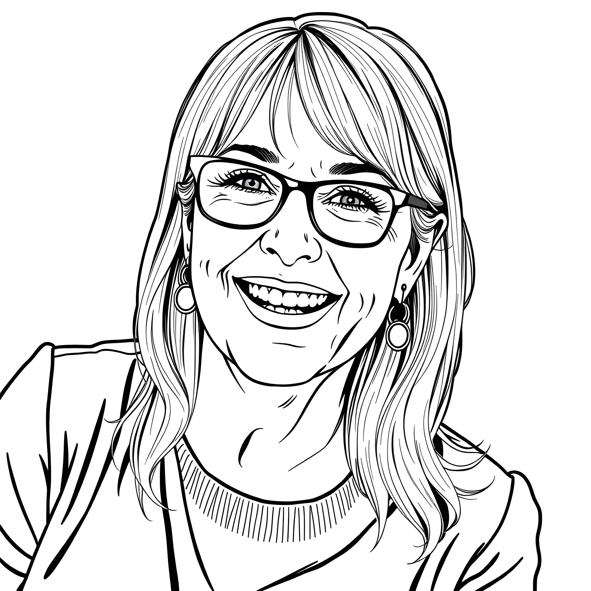 Kim Holland Smiling Cheerfully with Glasses Coloring Page (free black-and-white line drawing printable PDF for all, from beginners to advanced learners, including children, teens, adults, and seniors)
