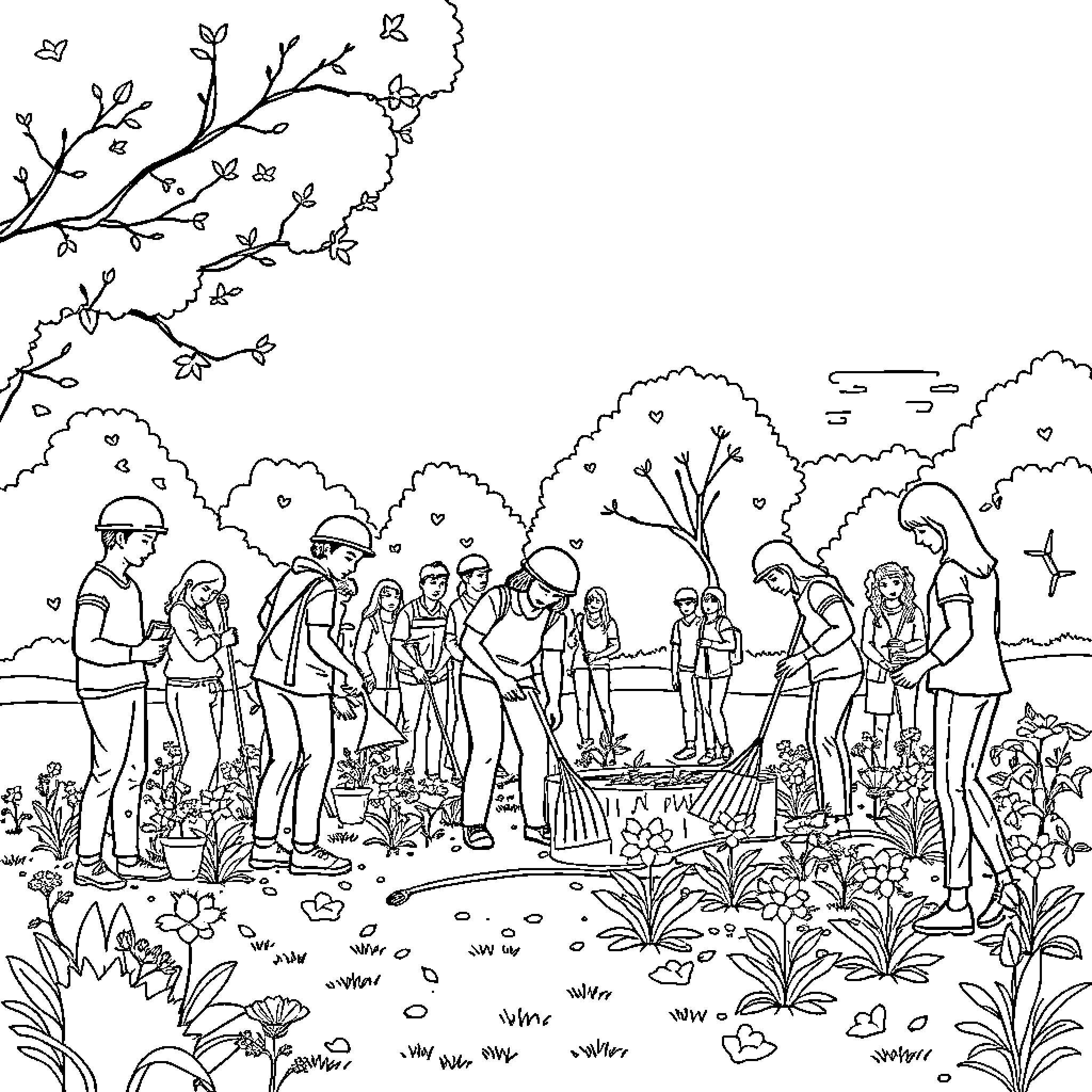 Community Gathering in a Lush Garden Setting Coloring Page (free black-and-white line drawing printable PDF for all, from beginners to advanced learners, including children, teens, adults, and seniors)
