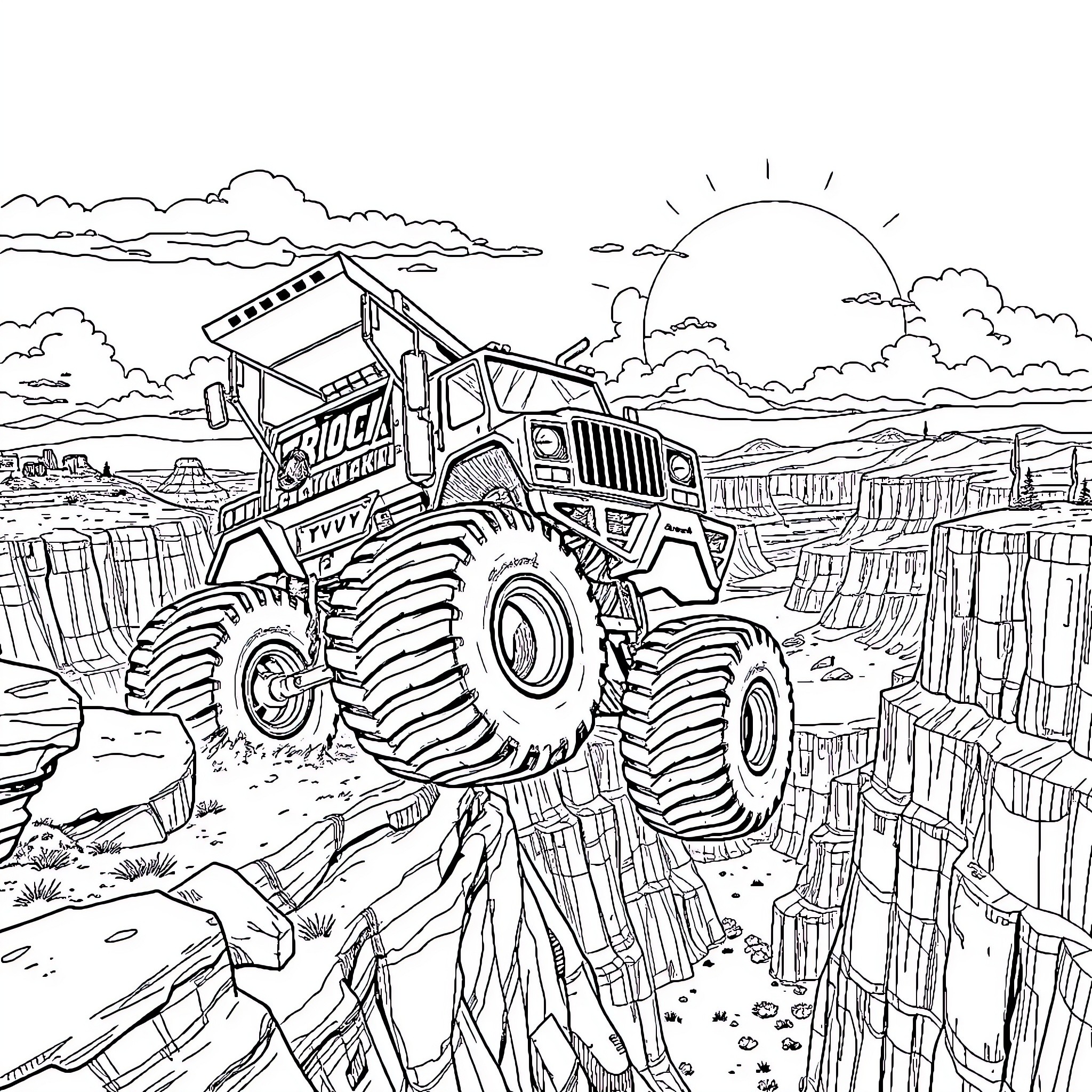 Monster Truck Conquering the Rugged Terrain Coloring Page (free black-and-white line drawing printable PDF for all, from beginners to advanced learners, including children, teens, adults, and seniors)