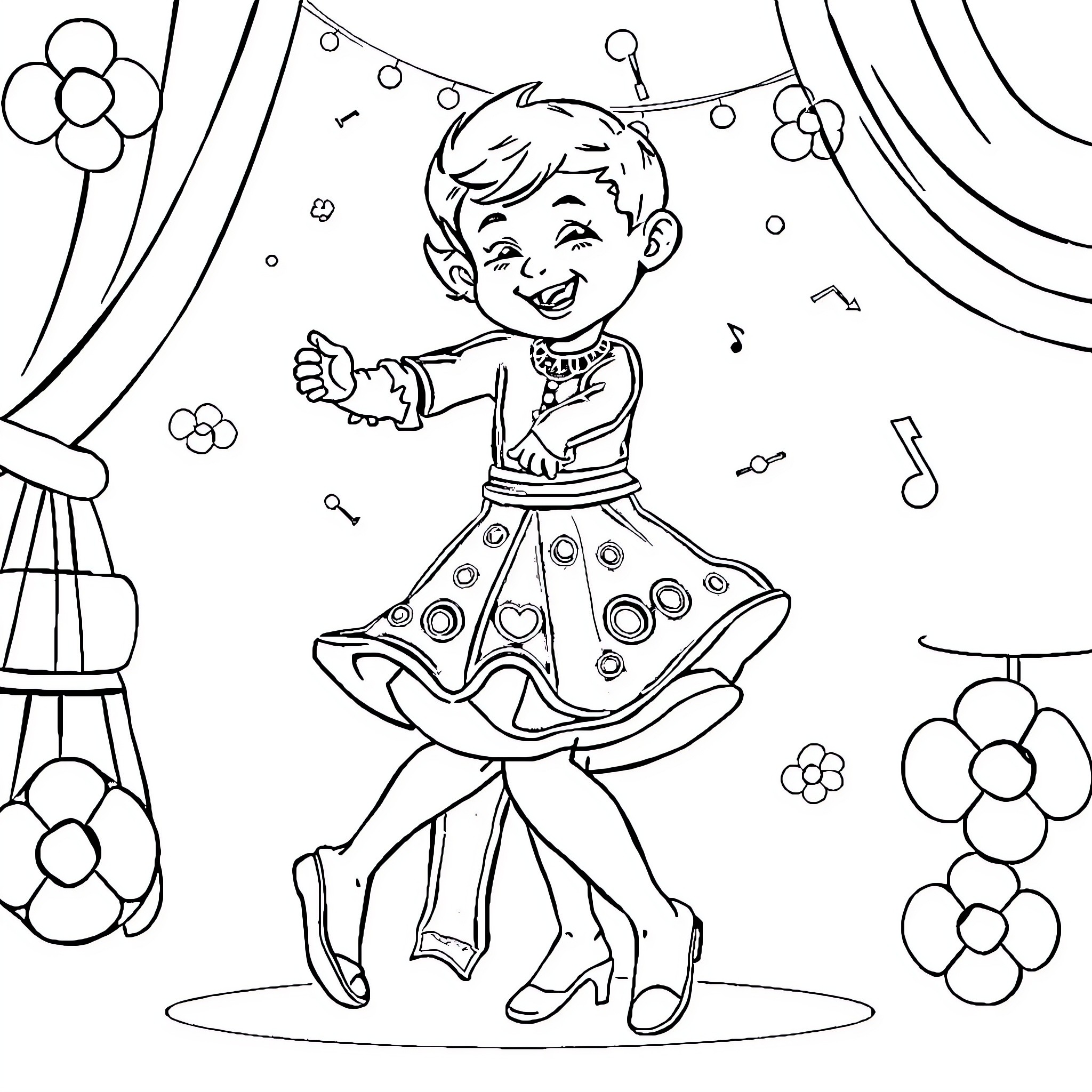 Baby dancing happily at a party Coloring Page (free black-and-white line drawing printable PDF for all, from beginners to advanced learners, including children, teens, adults, and seniors)