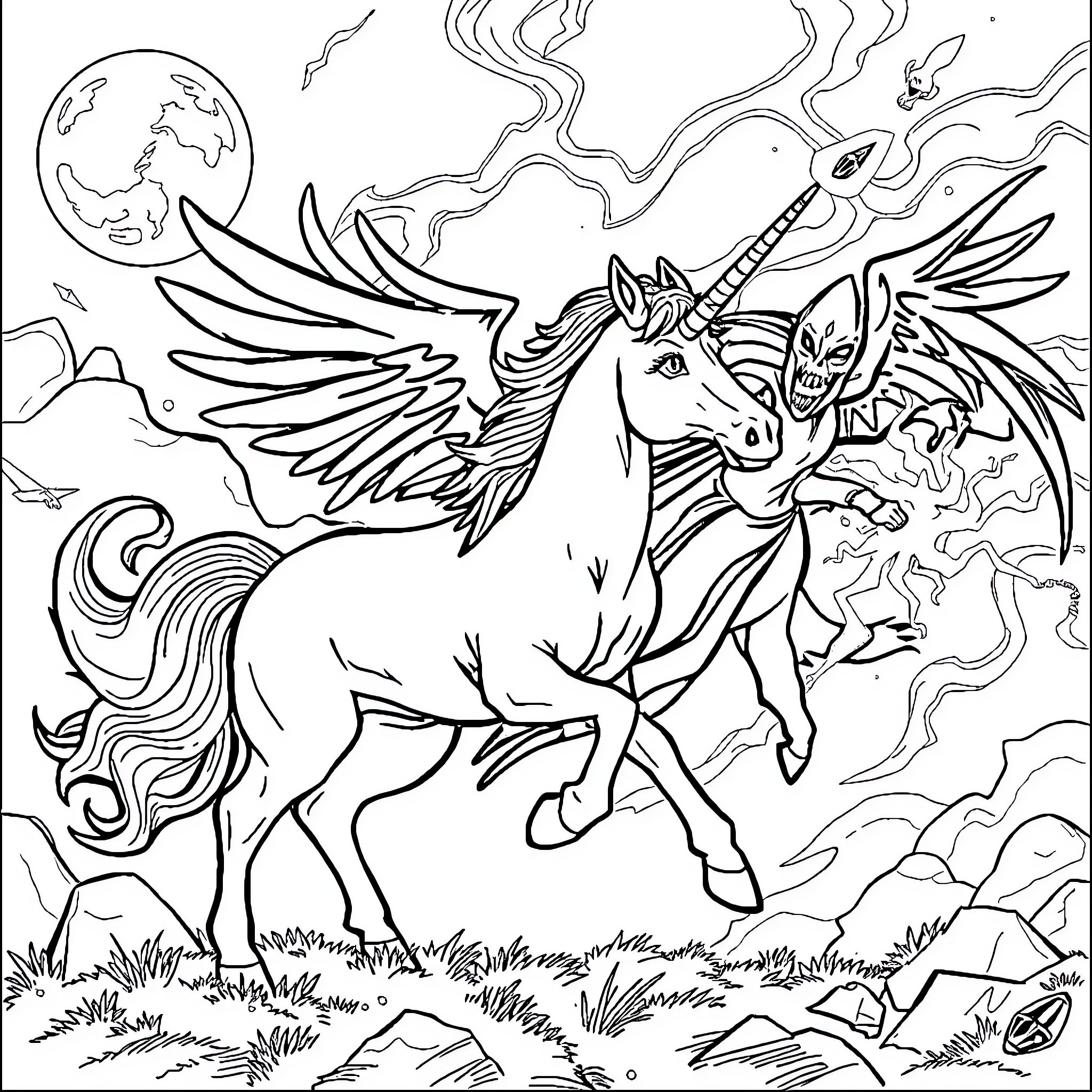 Licorne with Mystical Wings and Swirling Clouds Coloring Page (free black-and-white line drawing printable PDF for all, from beginners to advanced learners, including children, teens, adults, and seniors)