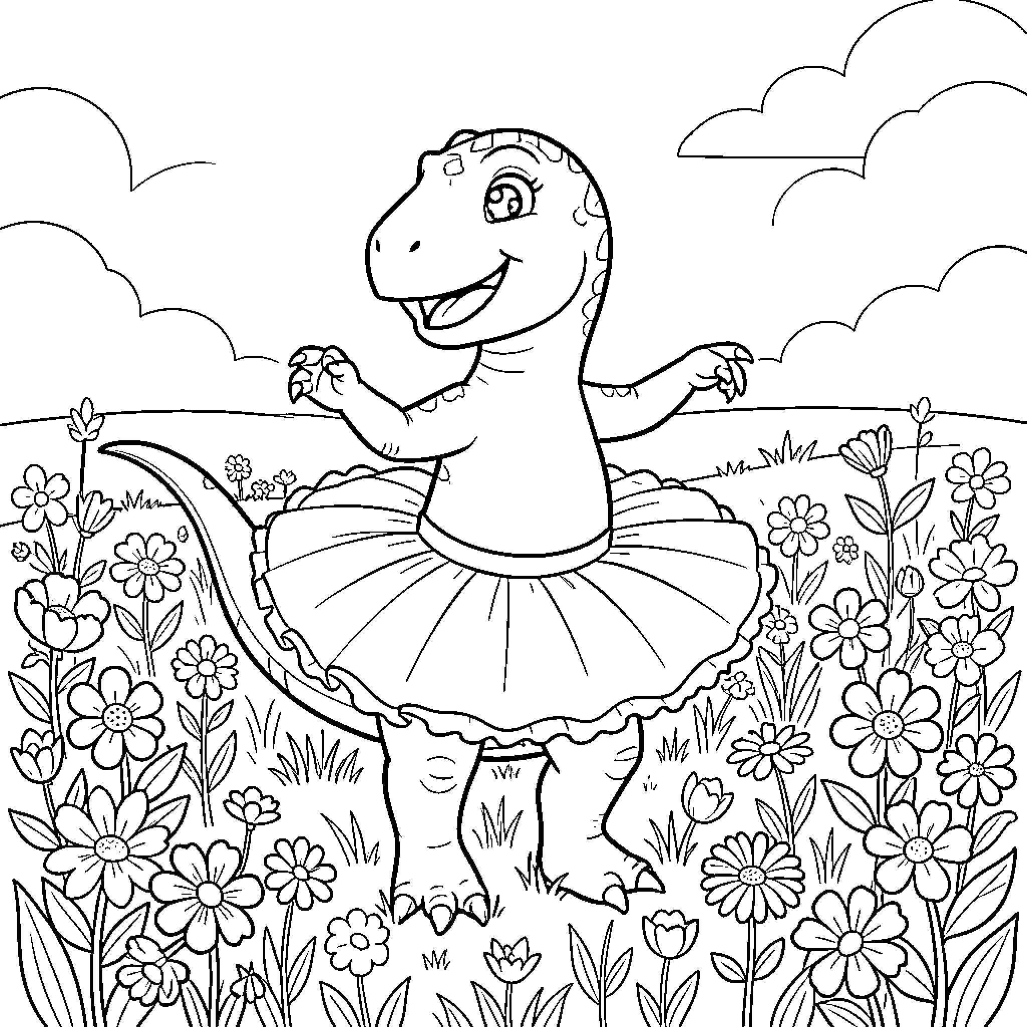 Dinosaur wearing a tutu dancing in a flower field Coloring Page (free black-and-white line drawing printable PDF for all, from beginners to advanced learners, including children, teens, adults, and seniors)