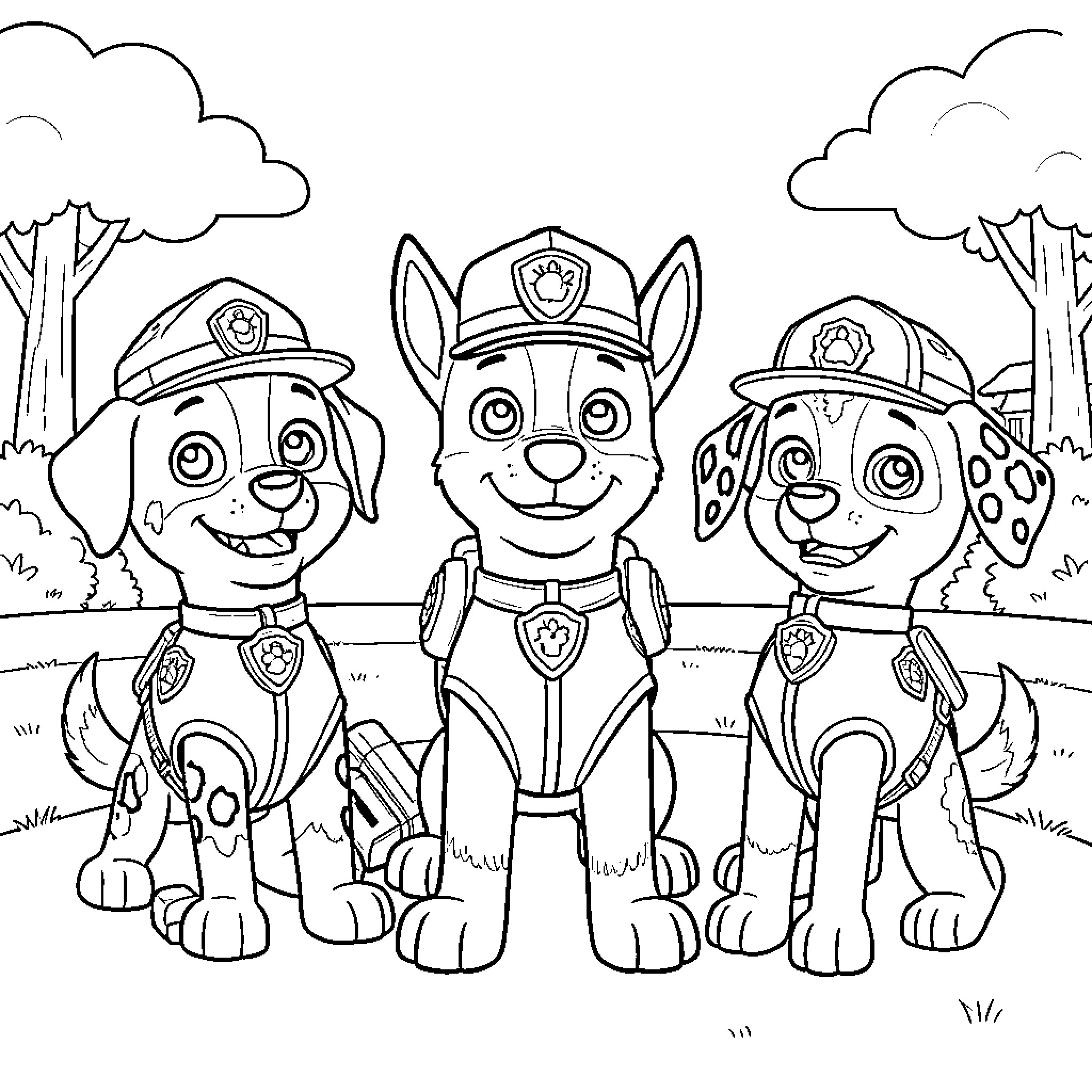 Paw Patrol pups smiling together in a park Coloring Page (free black-and-white line drawing printable PDF for all, from beginners to advanced learners, including children, teens, adults, and seniors)
