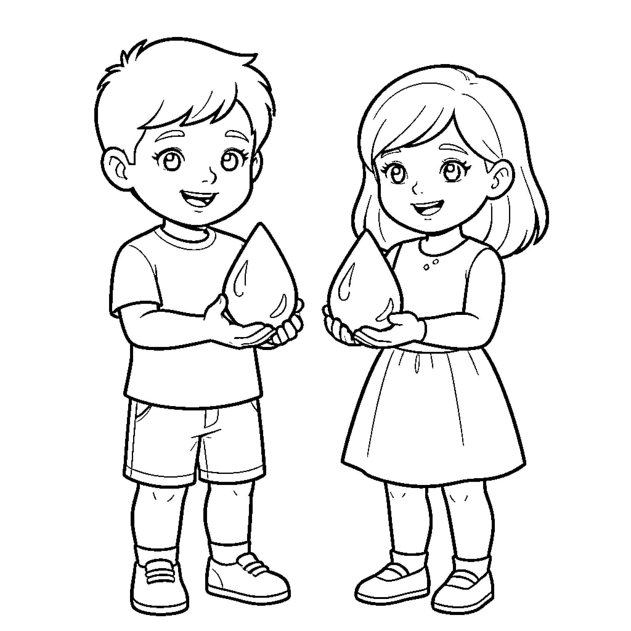 Niño y Niña sharing toys happily Coloring Page (free black-and-white line drawing printable PDF for all, from beginners to advanced learners, including children, teens, adults, and seniors)