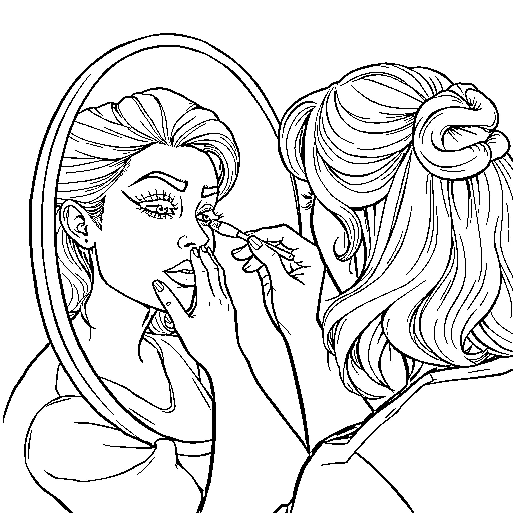 Mime applying makeup in front of mirror Coloring Page (free black-and-white line drawing printable PDF for all, from beginners to advanced learners, including children, teens, adults, and seniors)