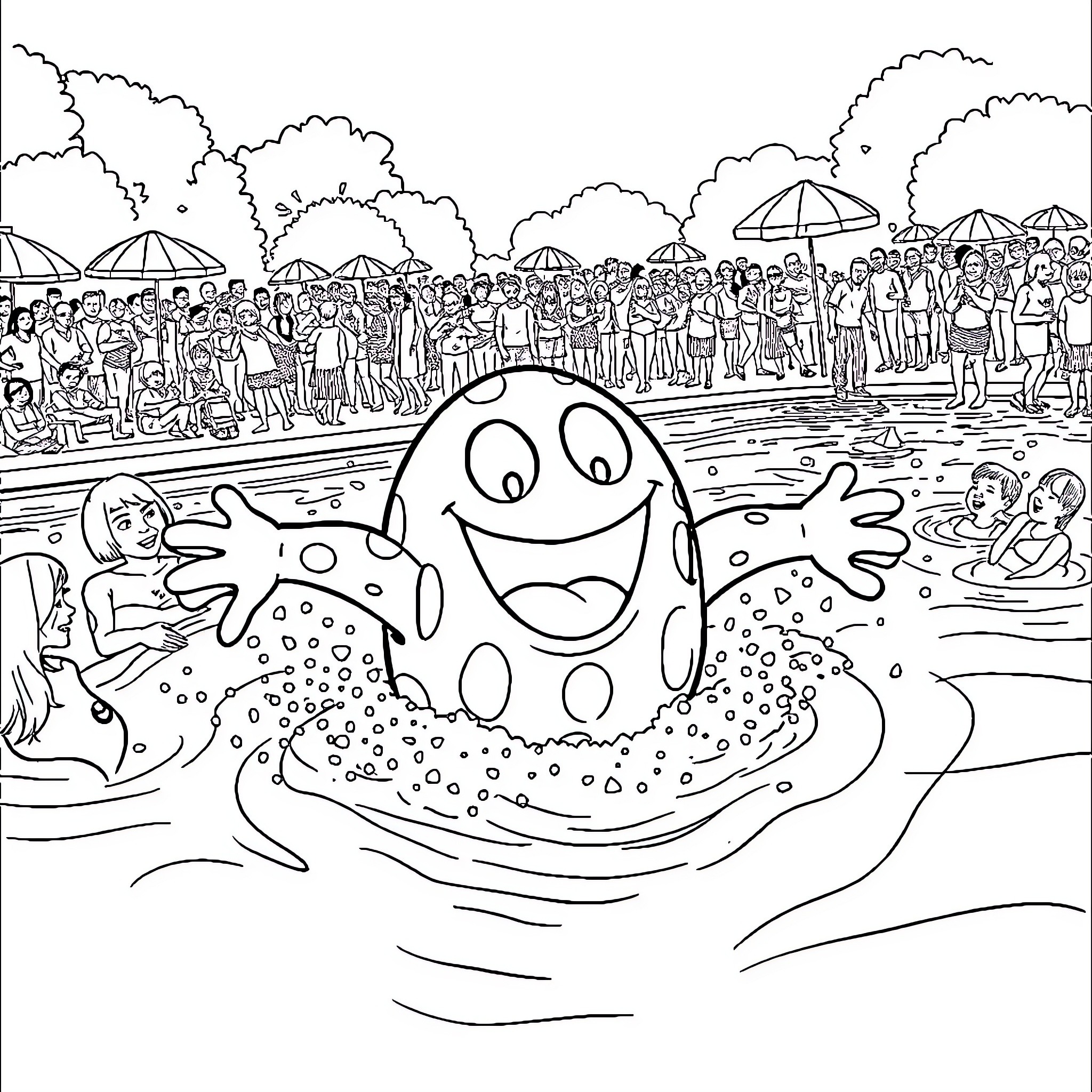 Oogie Boogie's Lively Pool Party Coloring Page (free black-and-white line drawing printable PDF for all, from beginners to advanced learners, including children, teens, adults, and seniors)