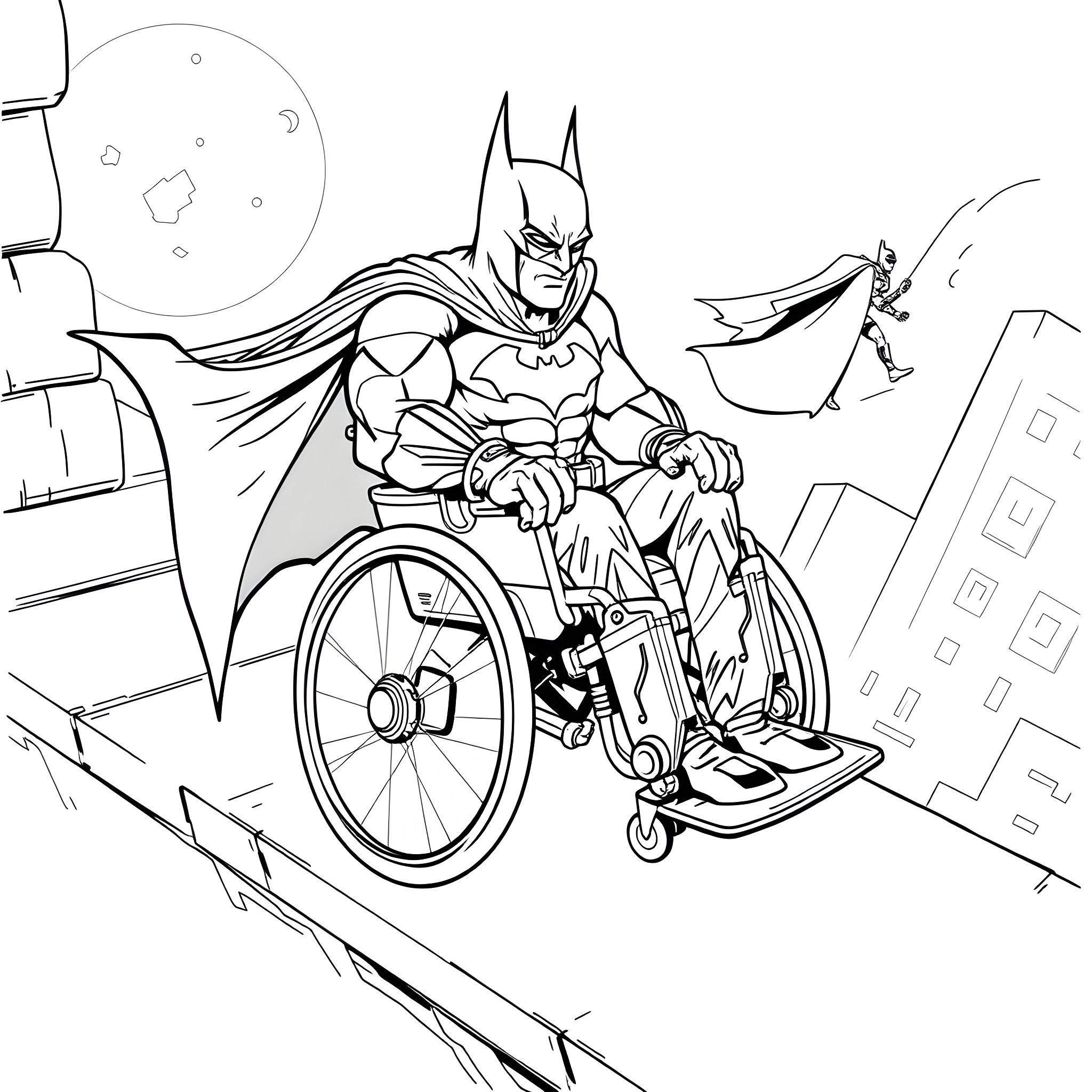 Batman Navigating City in Wheelchair Coloring Page (free black-and-white line drawing printable PDF for all, from beginners to advanced learners, including children, teens, adults, and seniors)