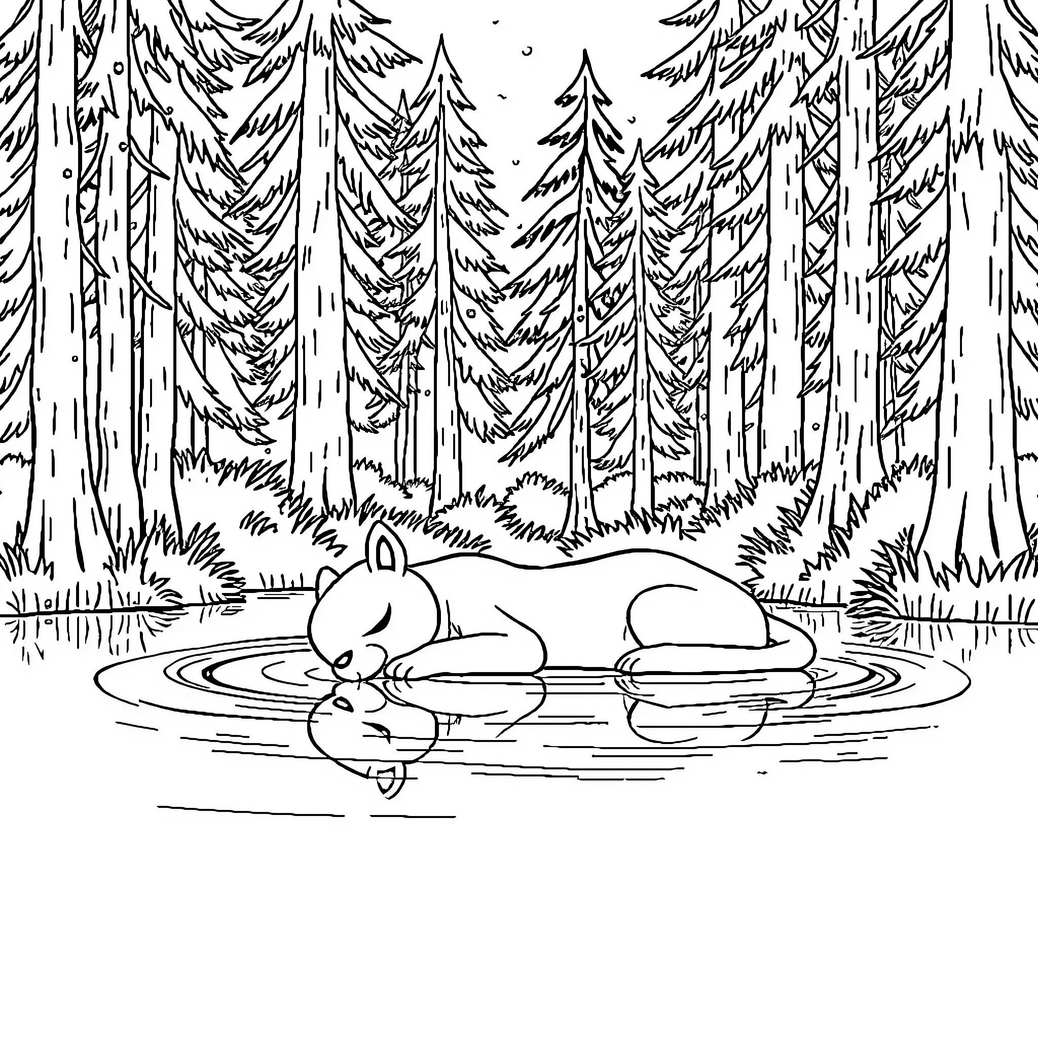 Labubu's Peaceful Slumber in the Forest Pond Coloring Page (free black-and-white line drawing printable PDF for all, from beginners to advanced learners, including children, teens, adults, and seniors)