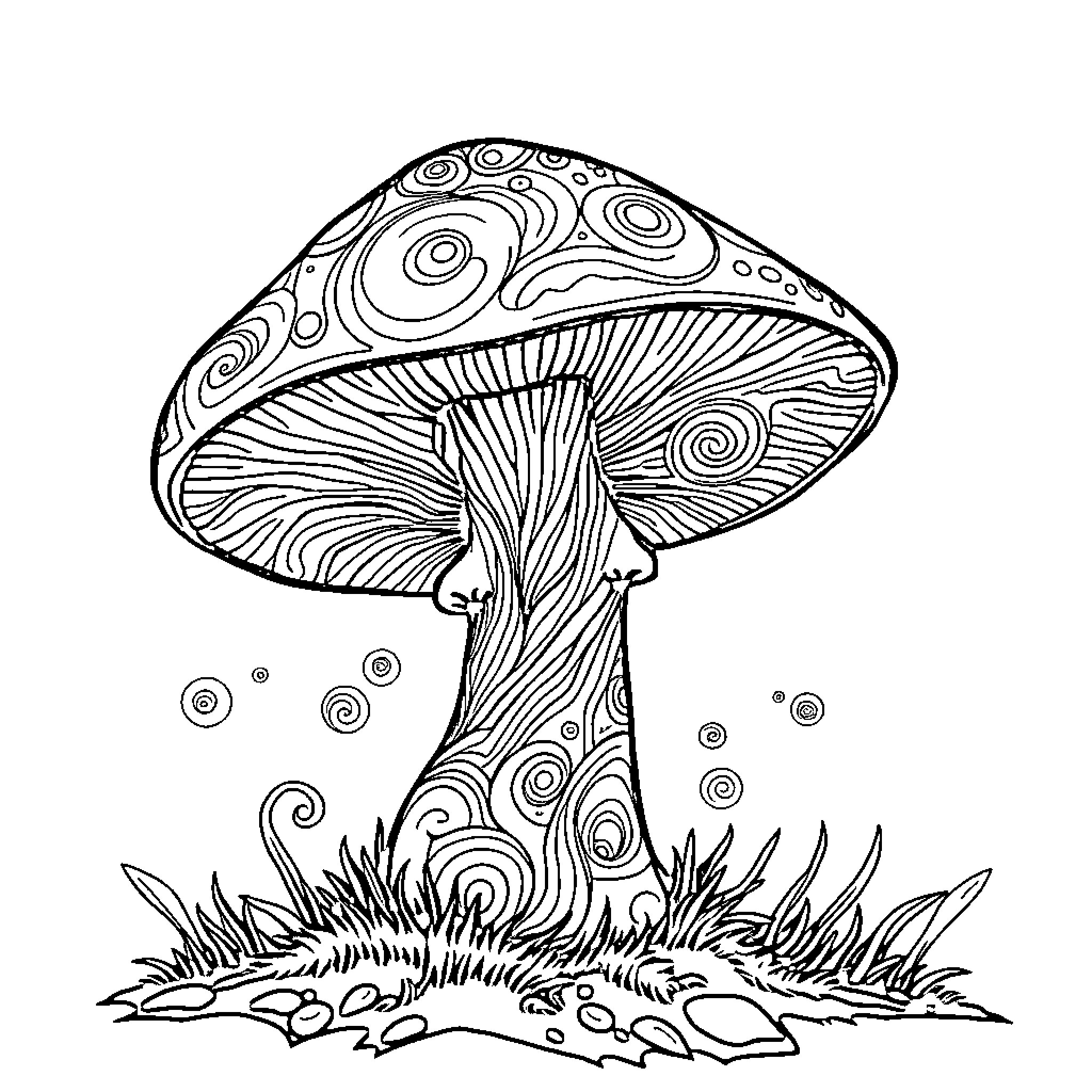 Mushroom with intricate pattern in the wild Coloring Page (free black-and-white line drawing printable PDF for all, from beginners to advanced learners, including children, teens, adults, and seniors)