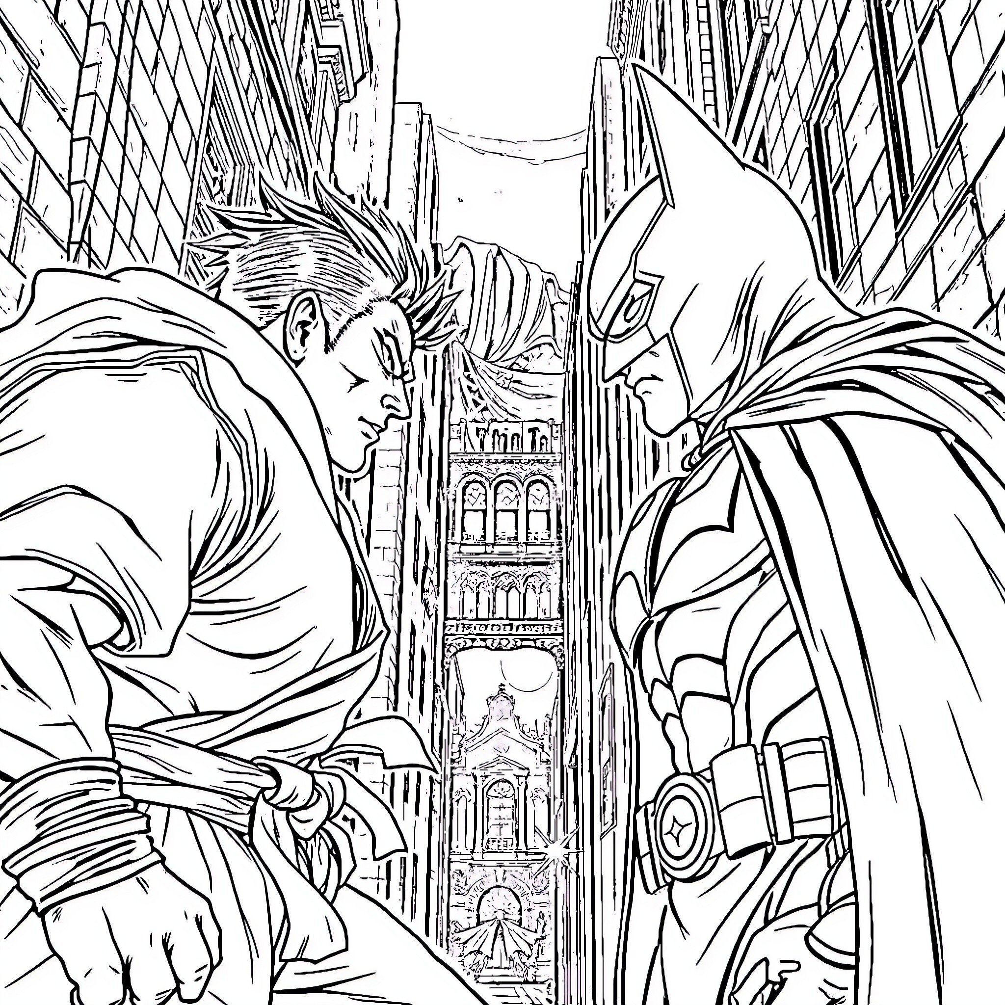 Ryu and Batman face-off in the city Coloring Page (free black-and-white line drawing printable PDF for all, from beginners to advanced learners, including children, teens, adults, and seniors)