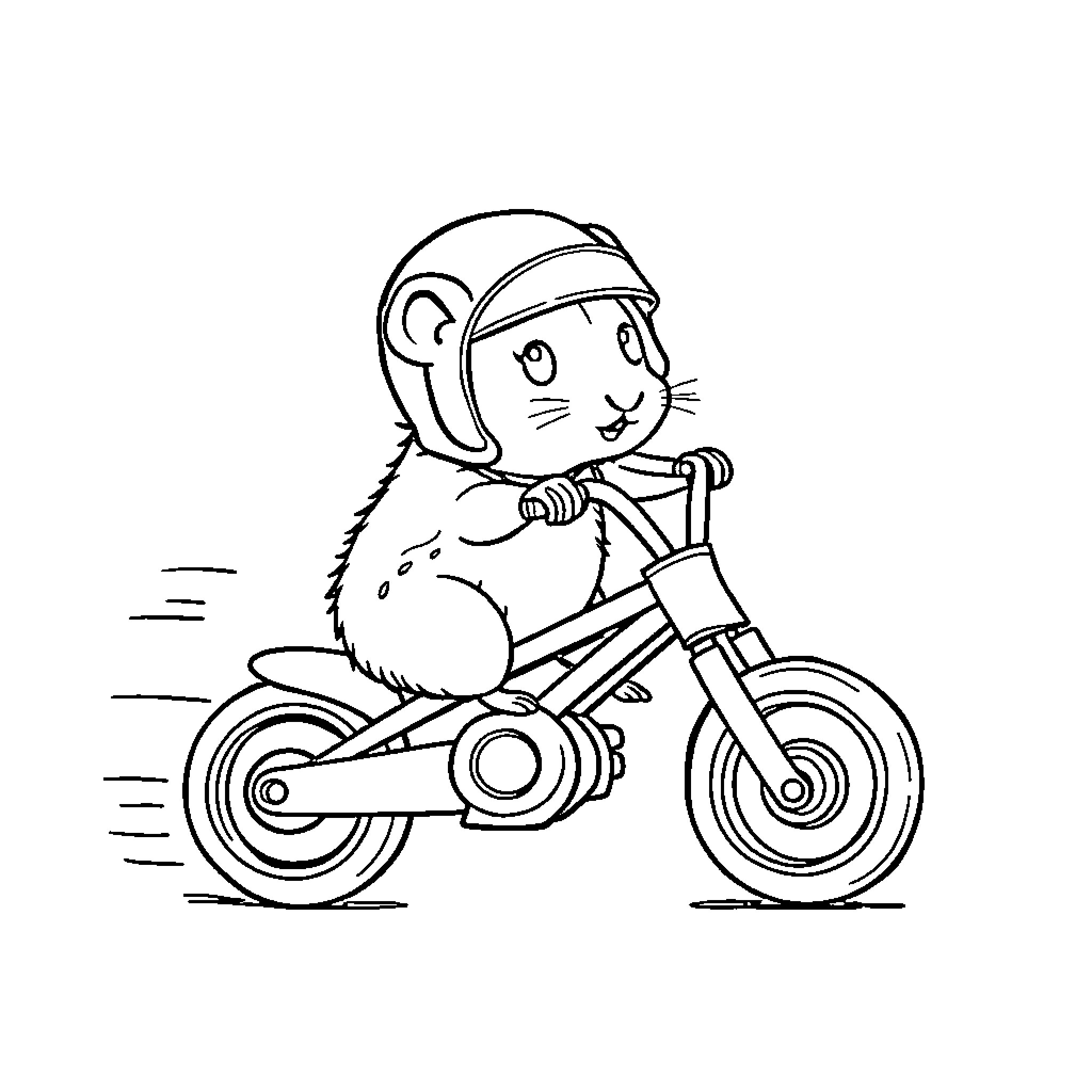Hamster riding a bicycle happily Coloring Page (free black-and-white line drawing printable PDF for all, from beginners to advanced learners, including children, teens, adults, and seniors)