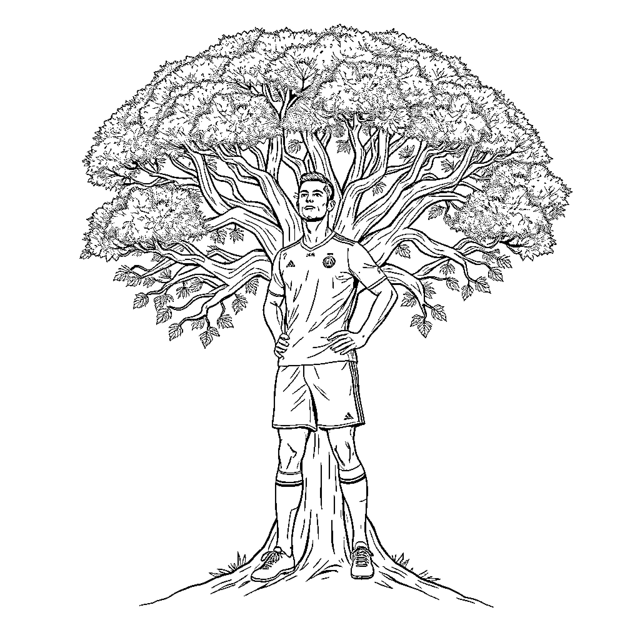 Cristiano Ronaldo as a strong, majestic tree Coloring Page (free black-and-white line drawing printable PDF for all, from beginners to advanced learners, including children, teens, adults, and seniors)