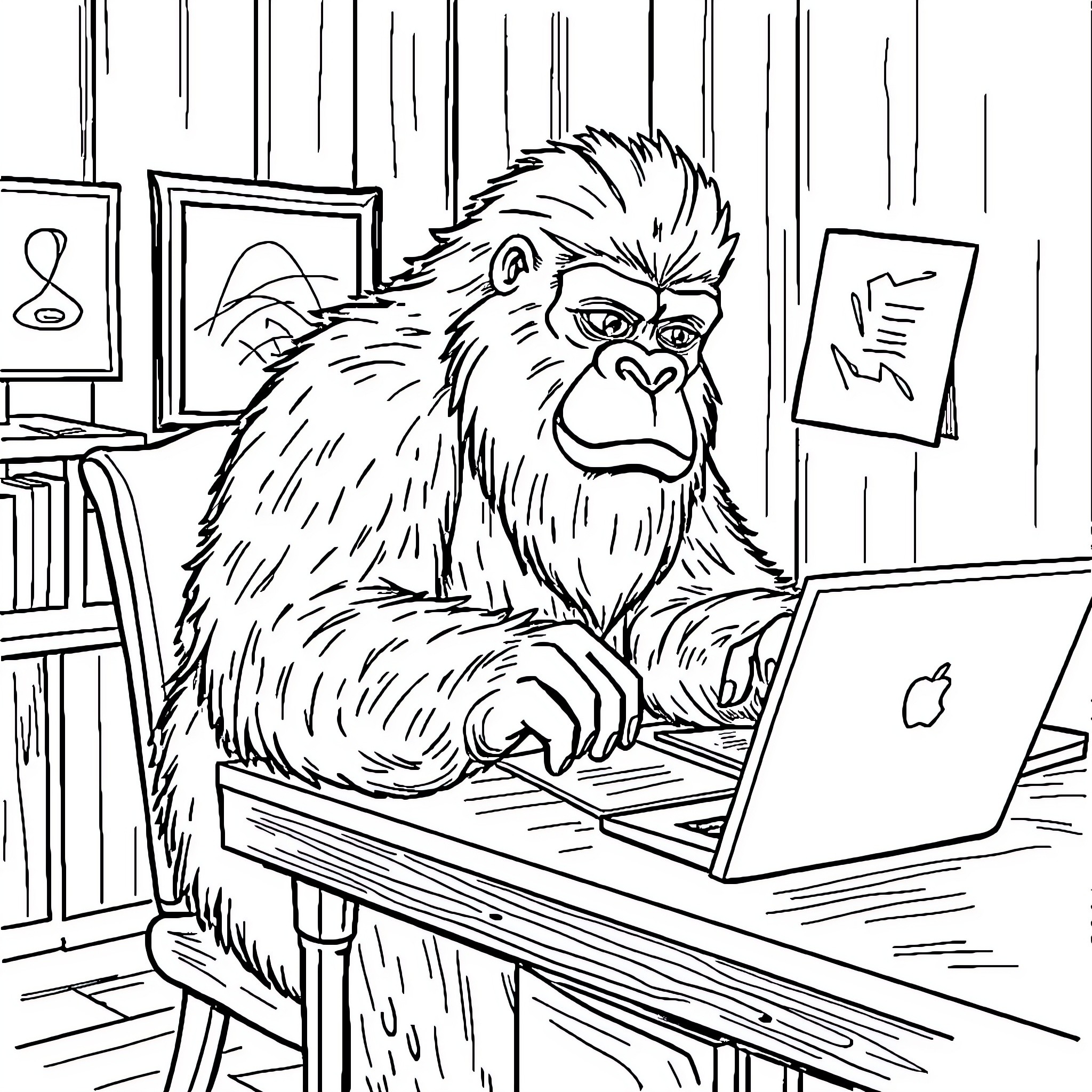 Yeti working diligently on a laptop computer Coloring Page (free black-and-white line drawing printable PDF for all, from beginners to advanced learners, including children, teens, adults, and seniors)