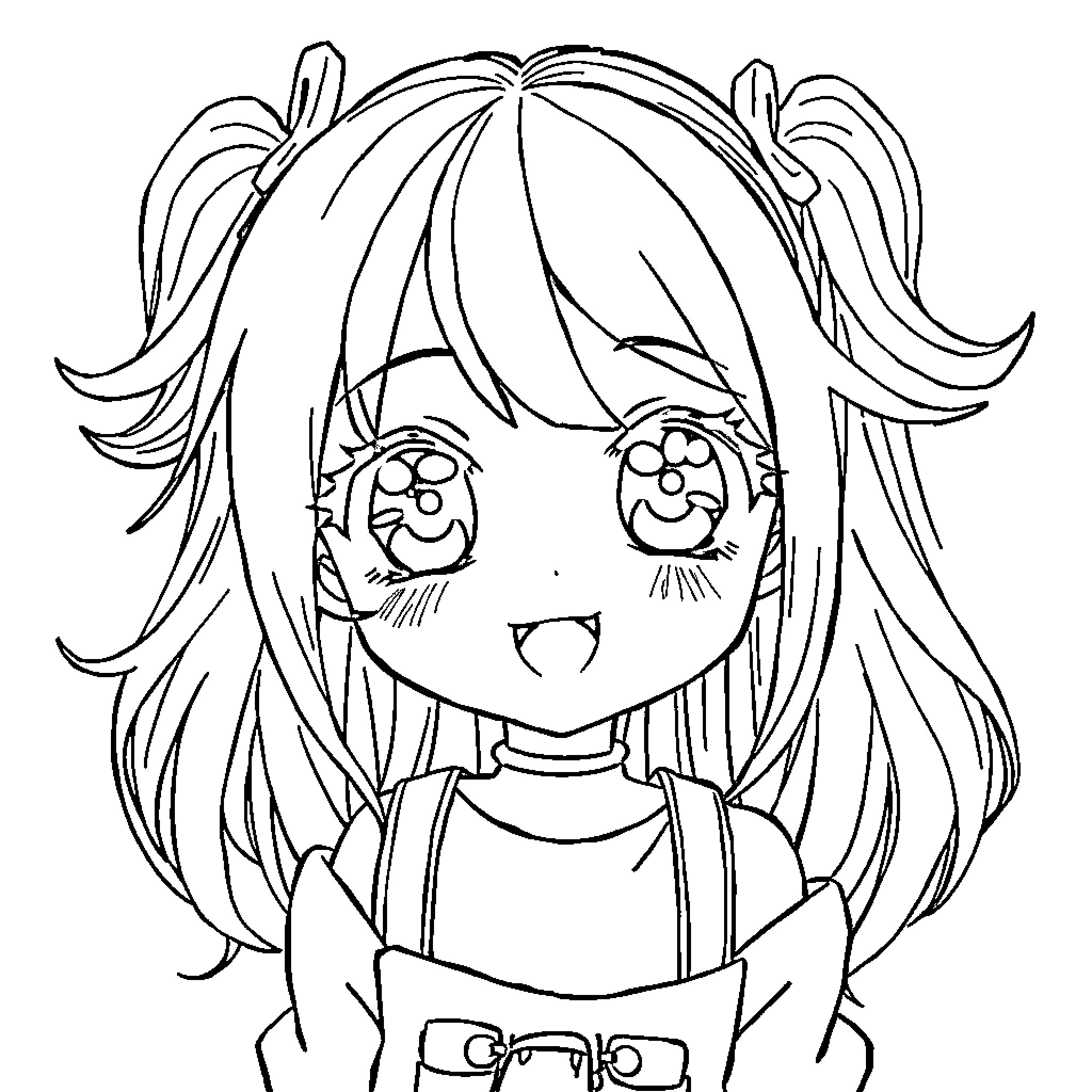 Anime Girl with Expressive Face and Long Hair Coloring Page (free black-and-white line drawing printable PDF for all, from beginners to advanced learners, including children, teens, adults, and seniors)