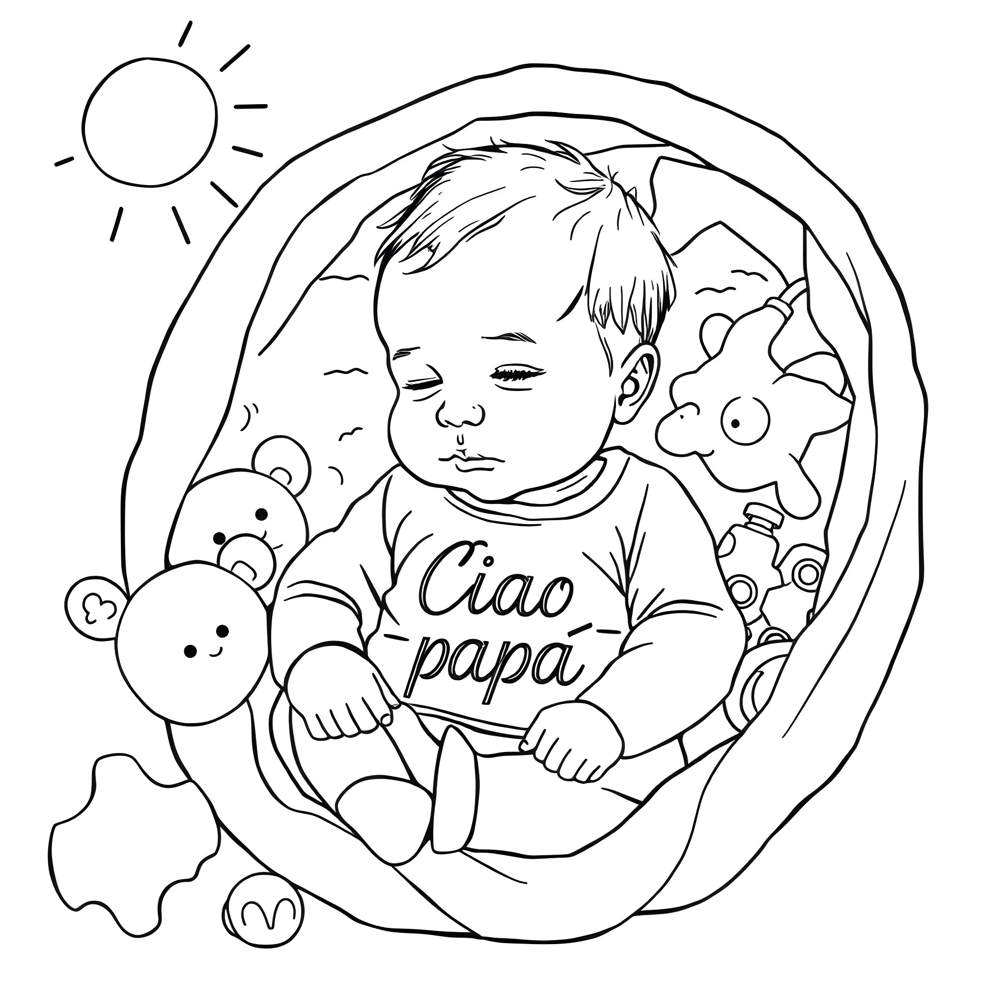 Baby in a cozy embrace with plush toys Coloring Page (free black-and-white line drawing printable PDF for all, from beginners to advanced learners, including children, teens, adults, and seniors)