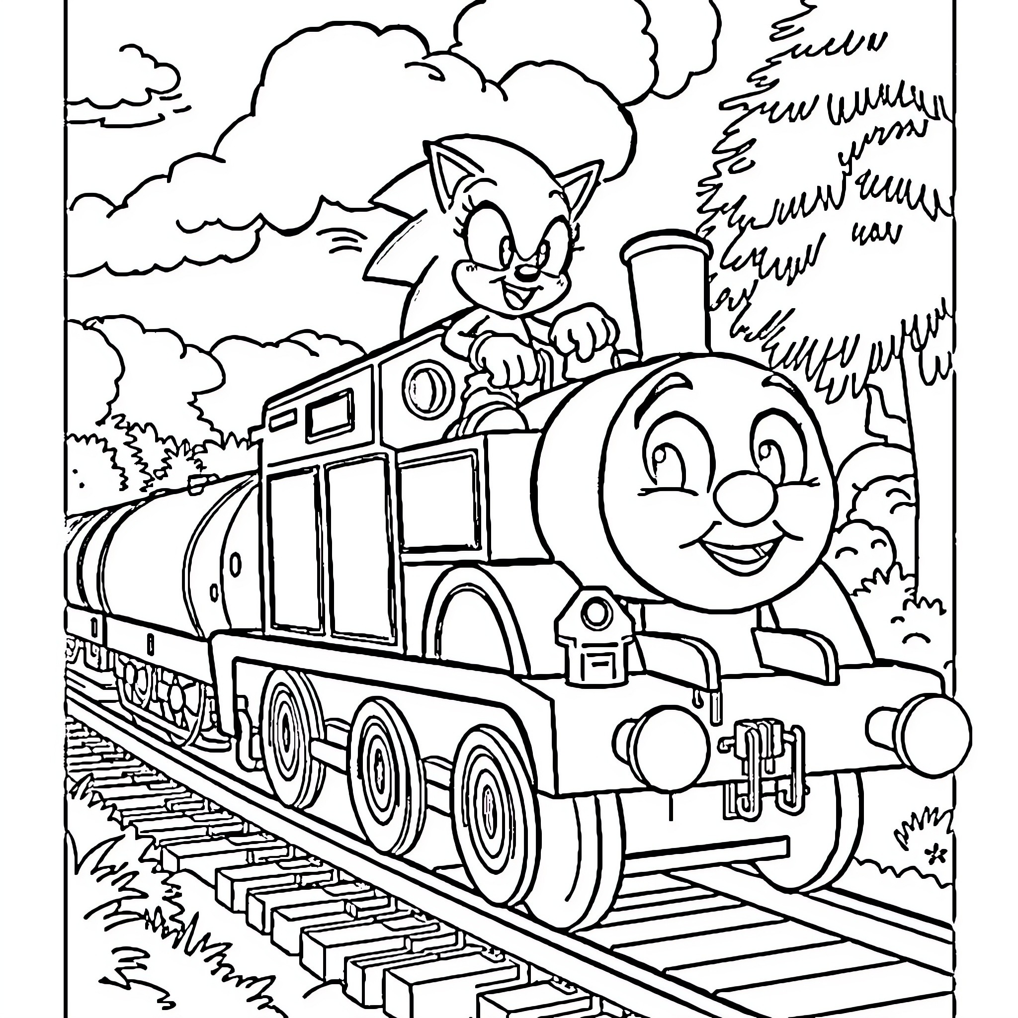 Thomas's Train Adventure in the Countryside Coloring Page (free black-and-white line drawing printable PDF for all, from beginners to advanced learners, including children, teens, adults, and seniors)