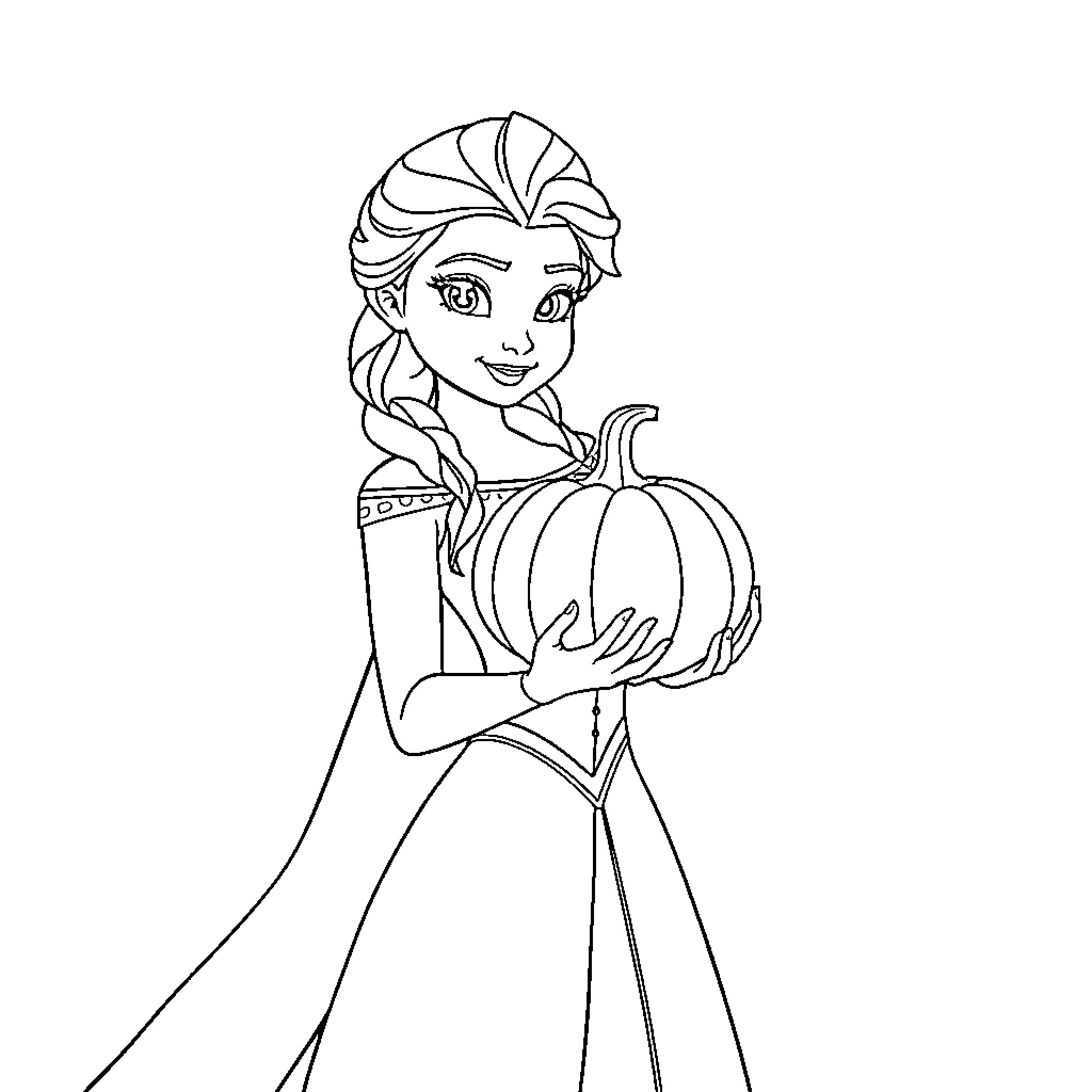 Elsa holding a pumpkin in autumn attire Coloring Page (free black-and-white line drawing printable PDF for all, from beginners to advanced learners, including children, teens, adults, and seniors)